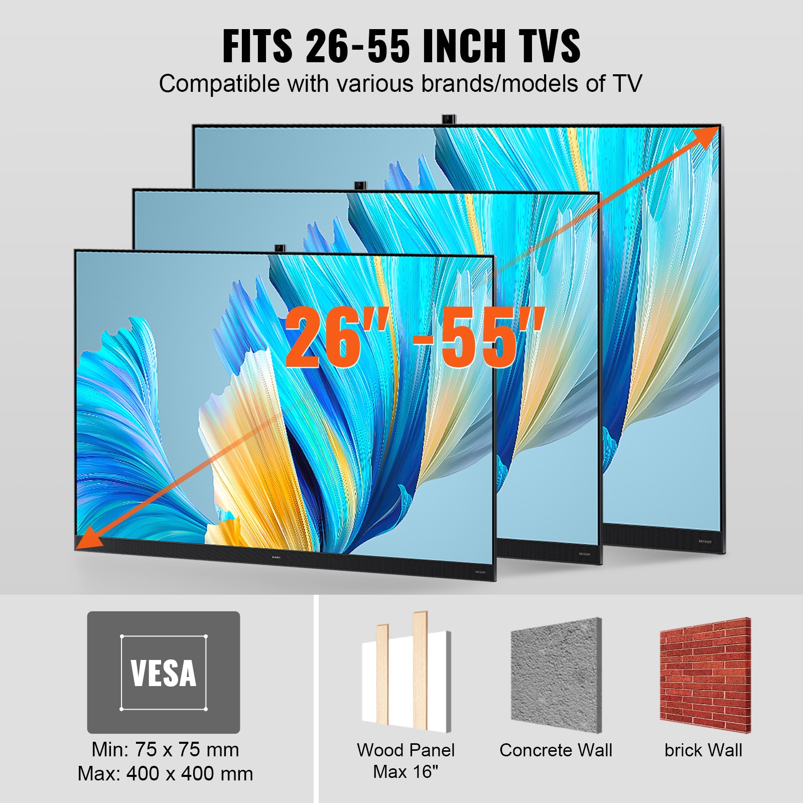 Black Carbon Steel Full Motion Wall TV Mount for 26-55 inch TVs