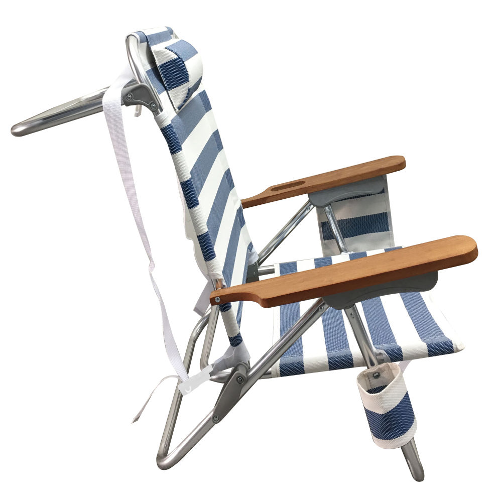 Blue and White Striped Aluminum Beach Lounger with Wooden Arms