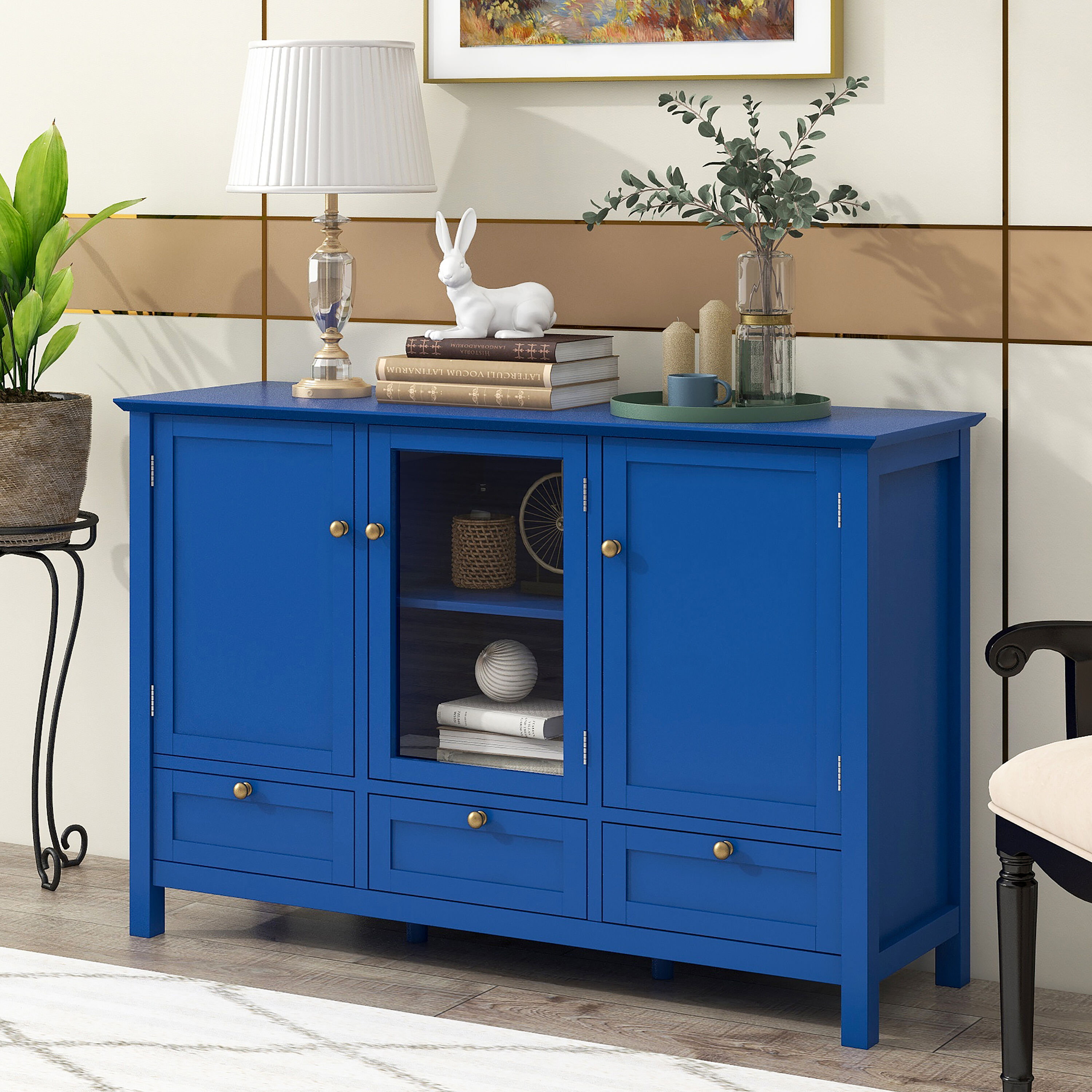 ModernLuxe Blue Wood Chest with 5 Drawers, 2 Doors, and Tapered Feet ...