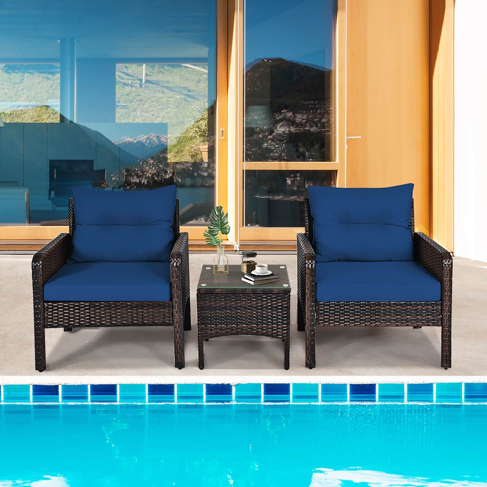 BABOOM BOM-39NY-CO 3 -Piece Rattan Patio Conversation Set with Blue Cushions