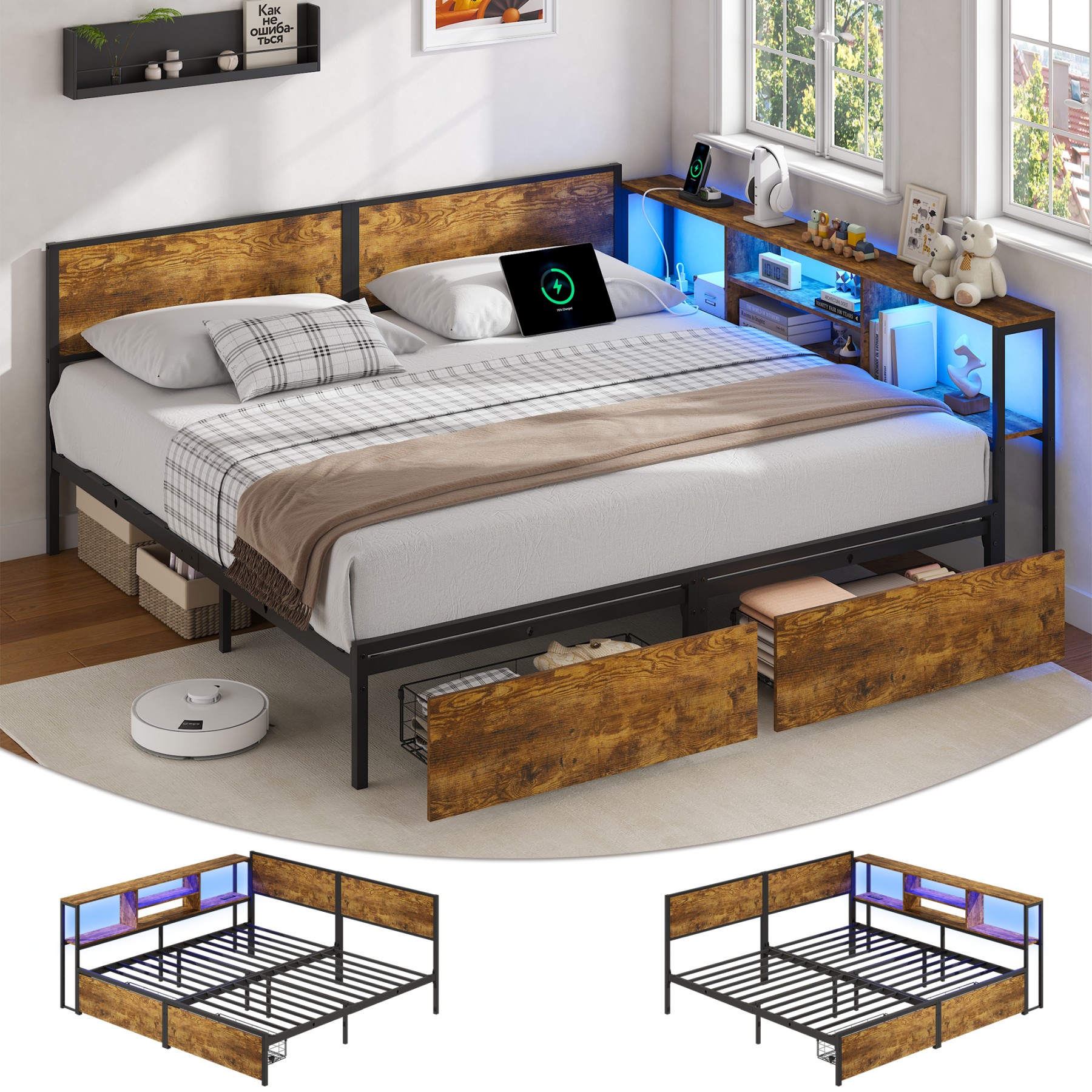GZMR - King Brown Bed Frame Storage with Headboard