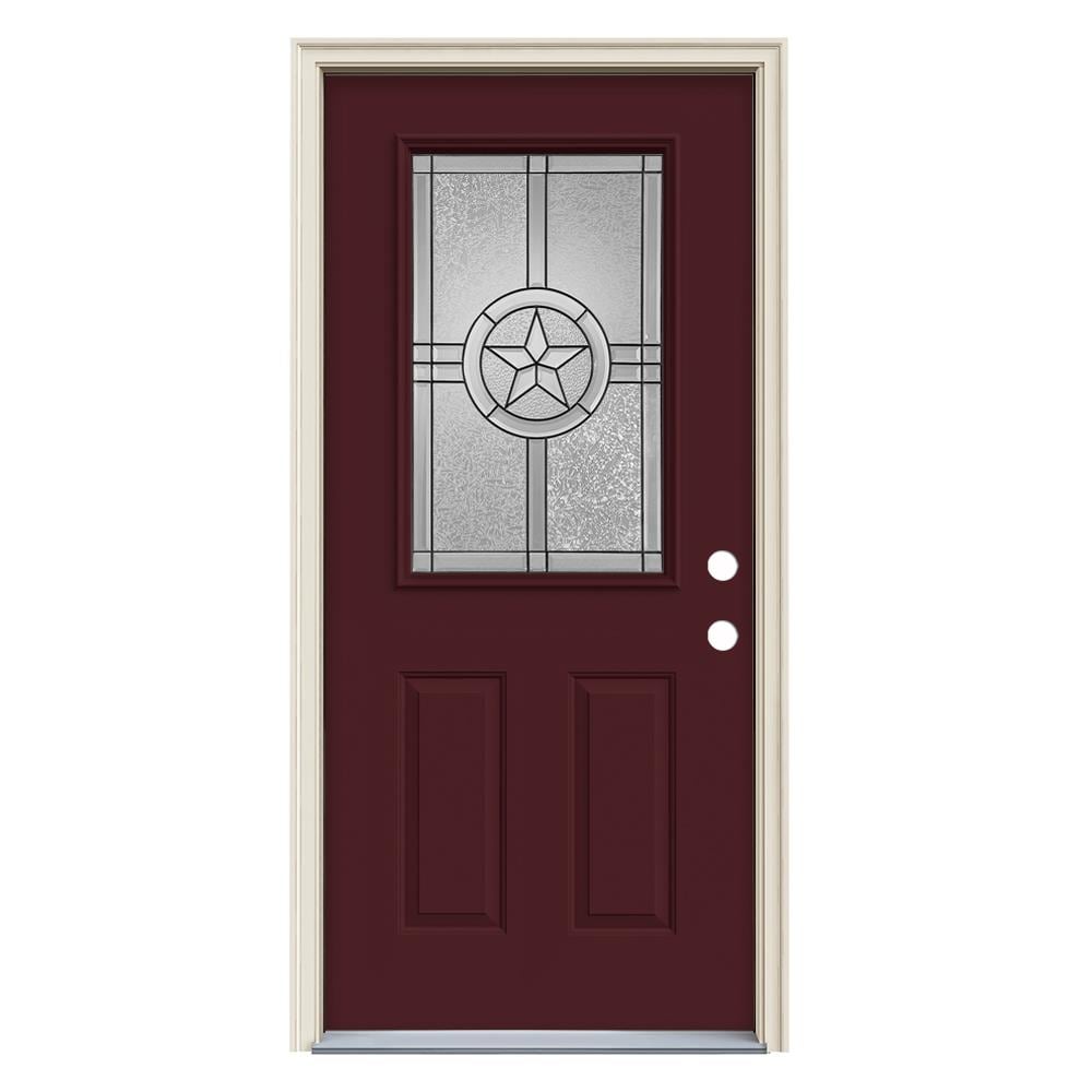 JELD-WEN LOWOLJW230300038 Radiant Star 36-in x 80-in x 4-9/16-in Steel Half lite Left-hand inswing Currant Painted Prehung Front Door with Brickmould Insulating core