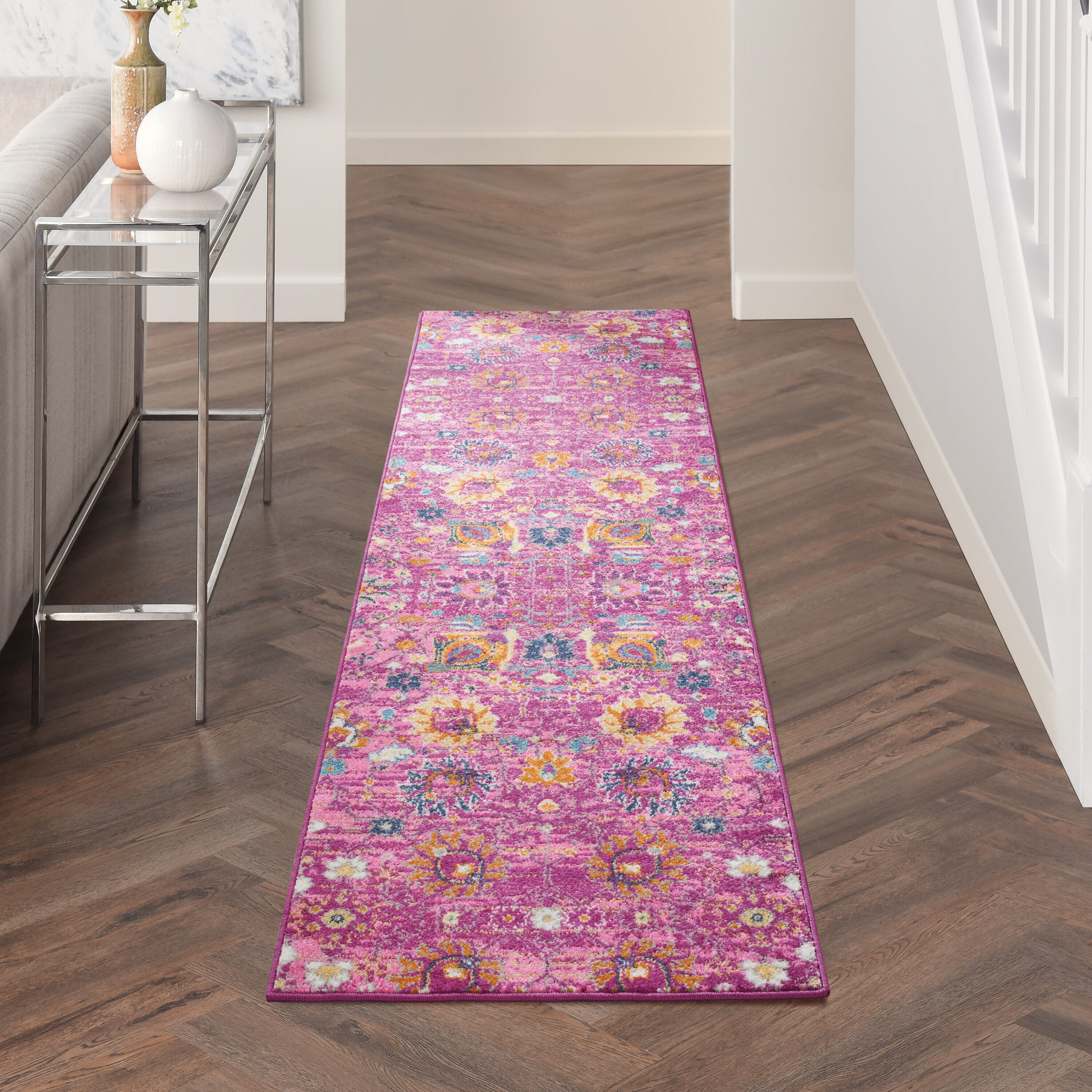 Nourison 099446013361 Passion 2 x 10 (ft) Loomed Polypropylene Fuchsia Rectangular Indoor Floral/Botanical Bohemian/Eclectic Runner rug