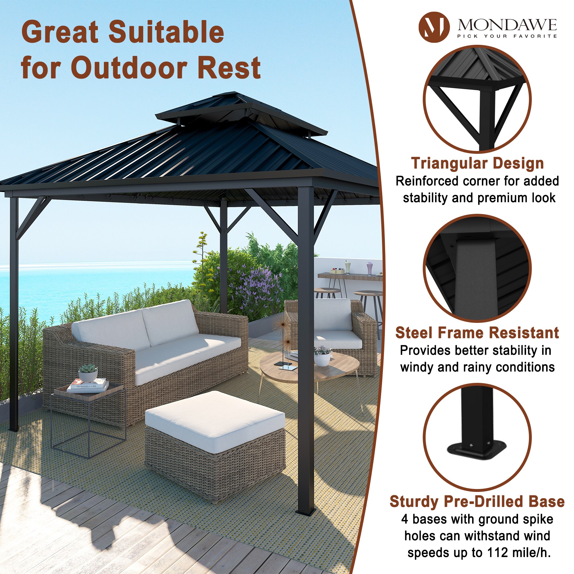 Mondawe 10-ft x 12-ft Rectangle Black Metal Steel Roof Gazebo in the ...