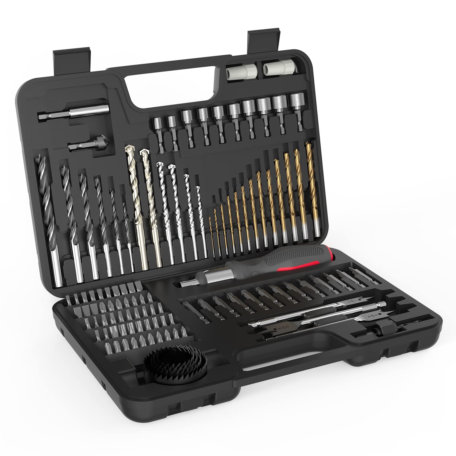 AOIZGMY  109 Piece Drill Bit Set Titanium High Speed Steel Bits for Metal Wood Masonry with Ratchet Screwdriver and Storage Case