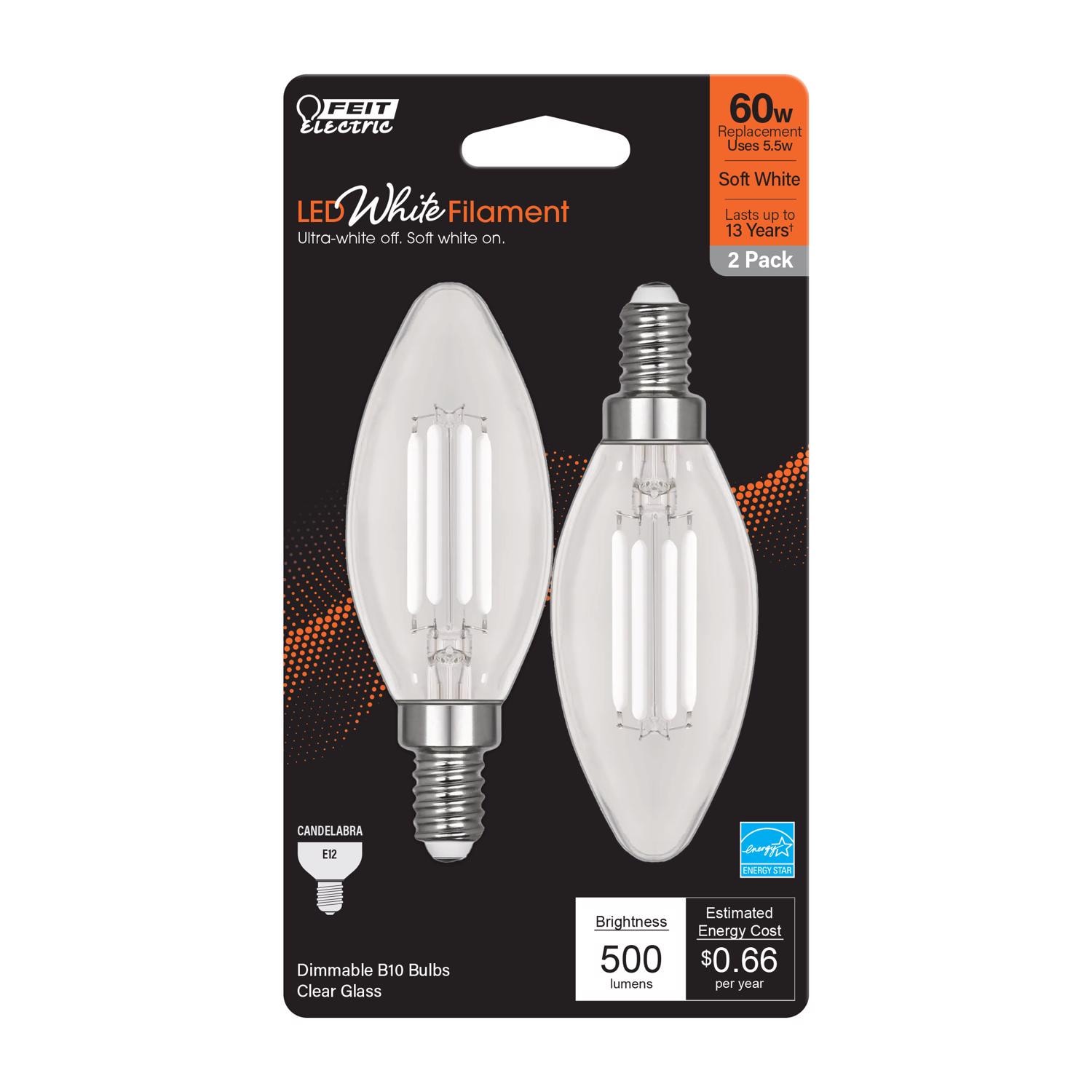 Feit Electric Feit White BA10 E12 (Candelabra) Filament LED Bulb Soft White 60 Watt Equivalence 2 pk