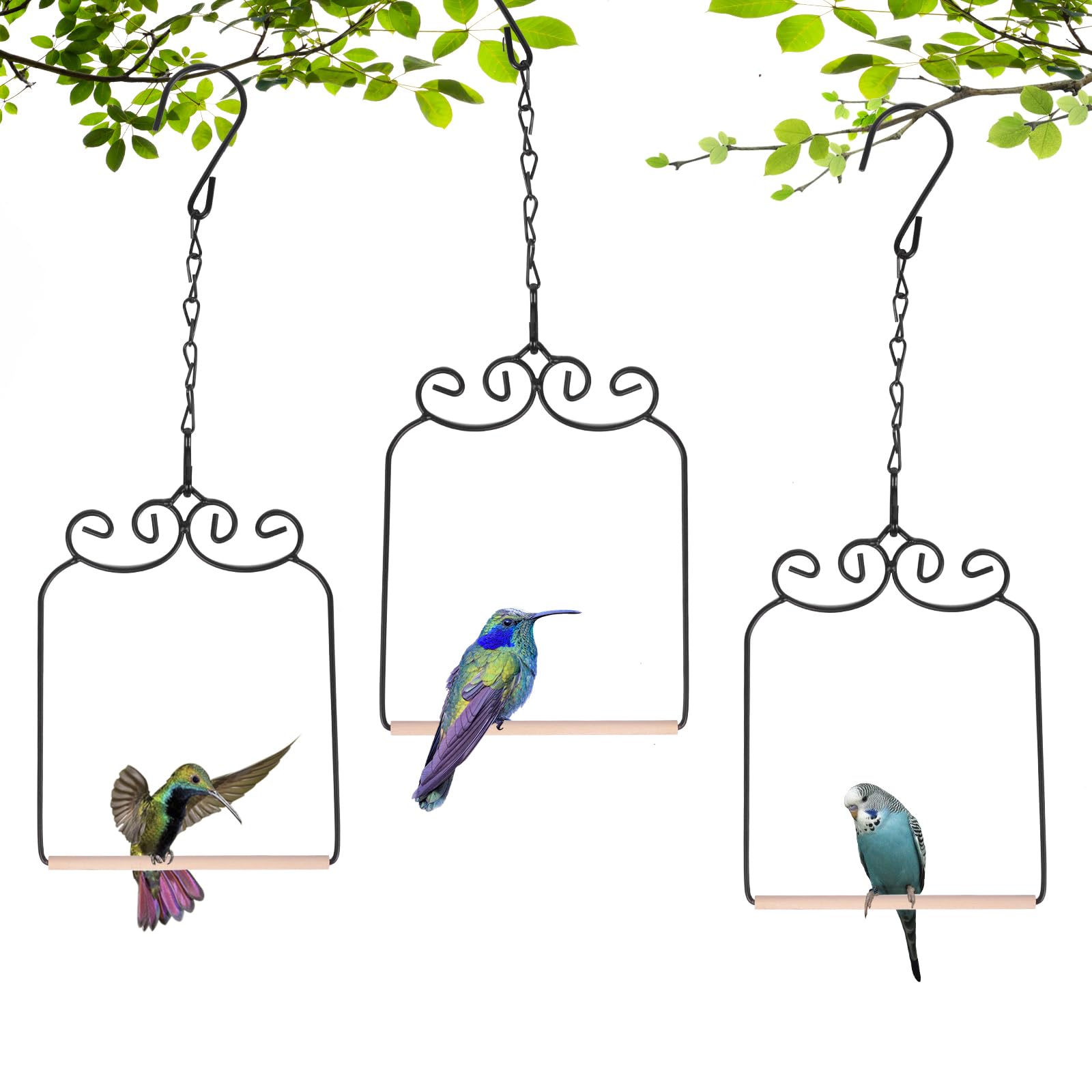 Phewnyzo -  3 pack Metal Frame Hummingbird Swings with Wooden Dowel Black Bird Swing Outdoor Bird...