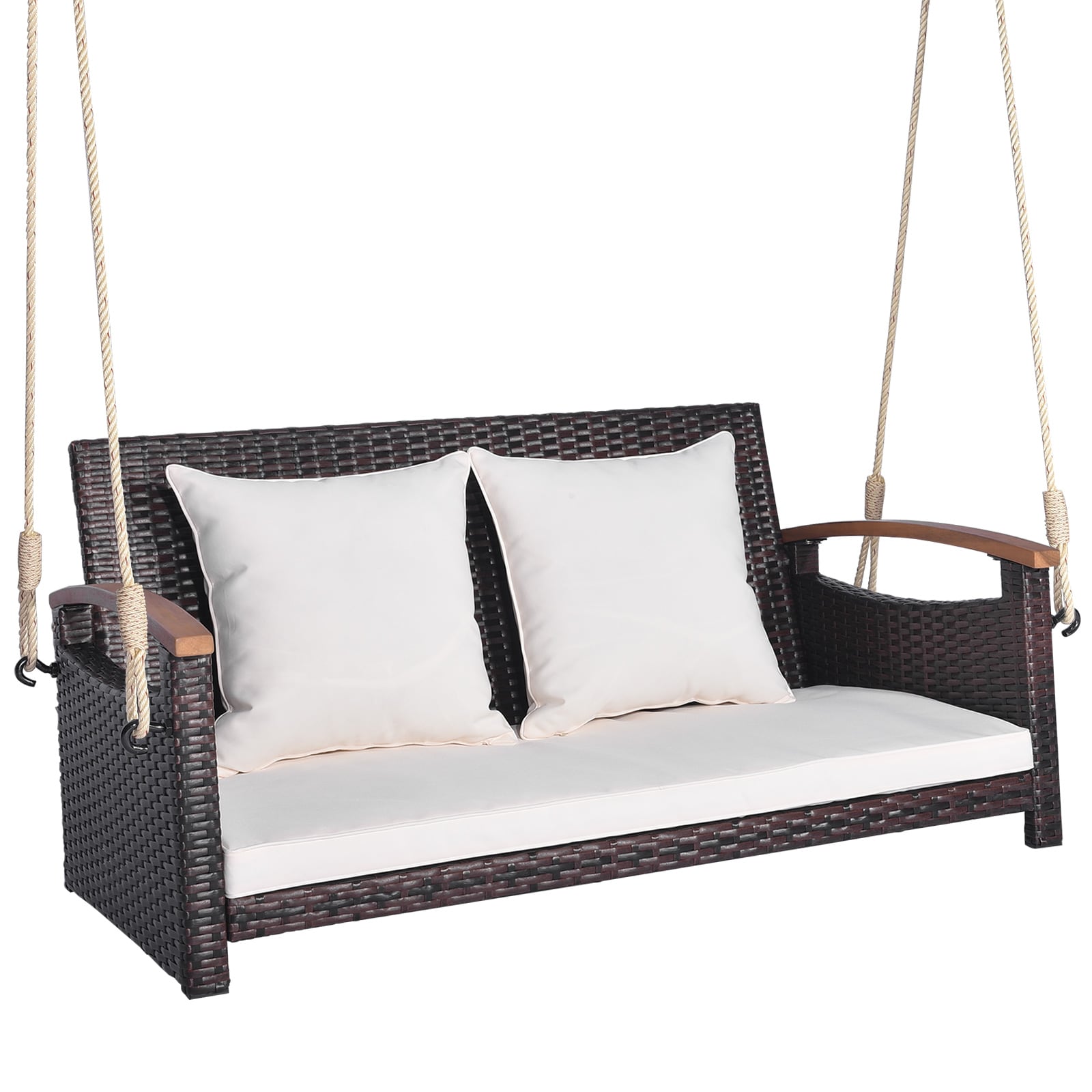 Slickblue - 2-Person Mix Brown- PE Rattan Outdoor Hanging Porch Swing with Off White Cushions wit...