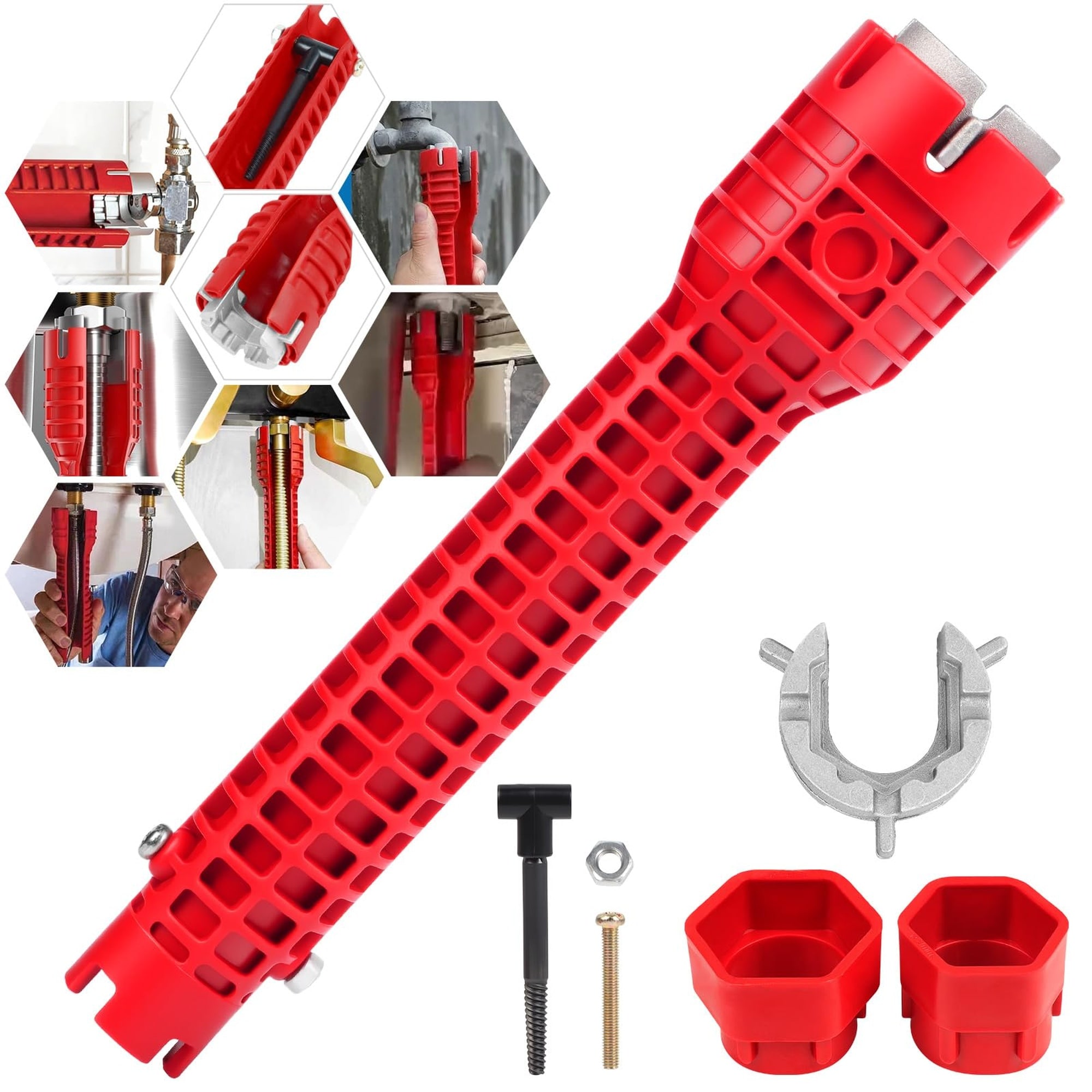 Numhew 9.84in 8-Function Red Sink Wrench Plumbing Tool