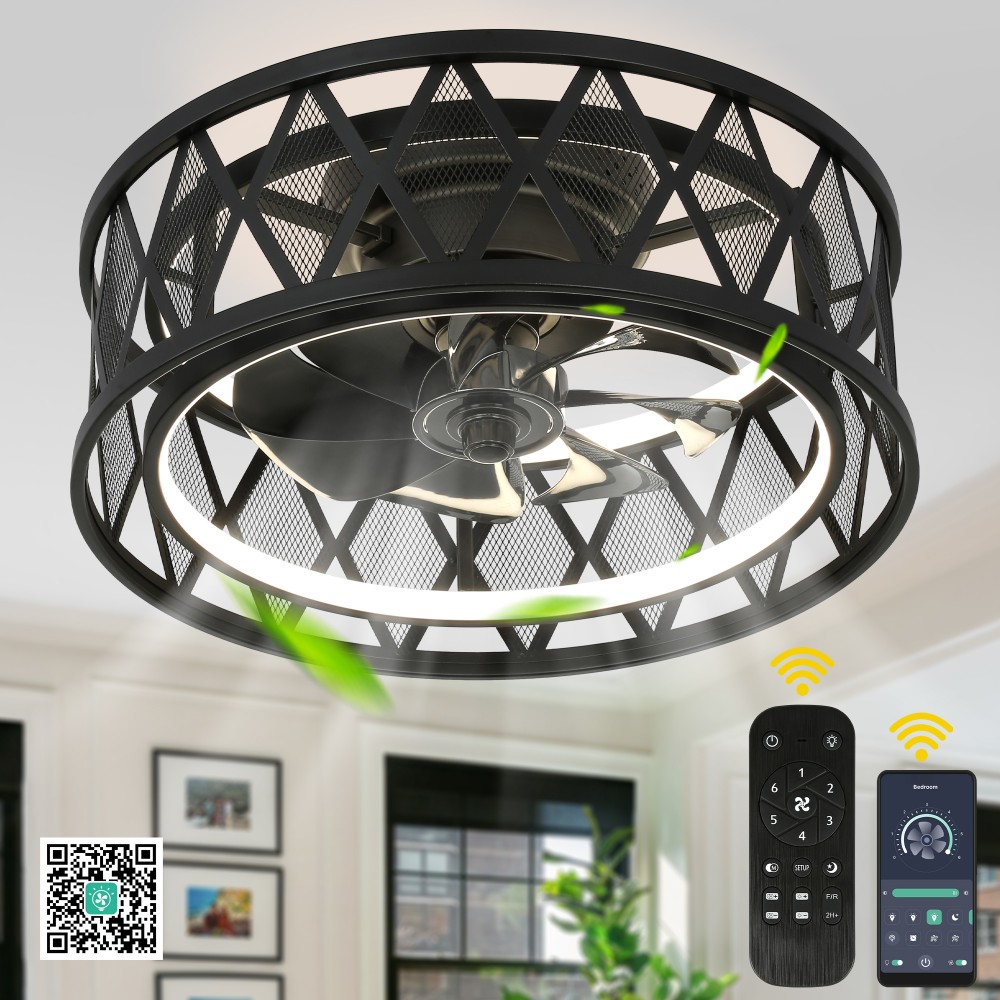 Oaks Decor Norwa 19-in Matte Black with Black Blades LED Flush Mount Smart Ceiling Fan With Light and Remote Control Included 8 -Blade