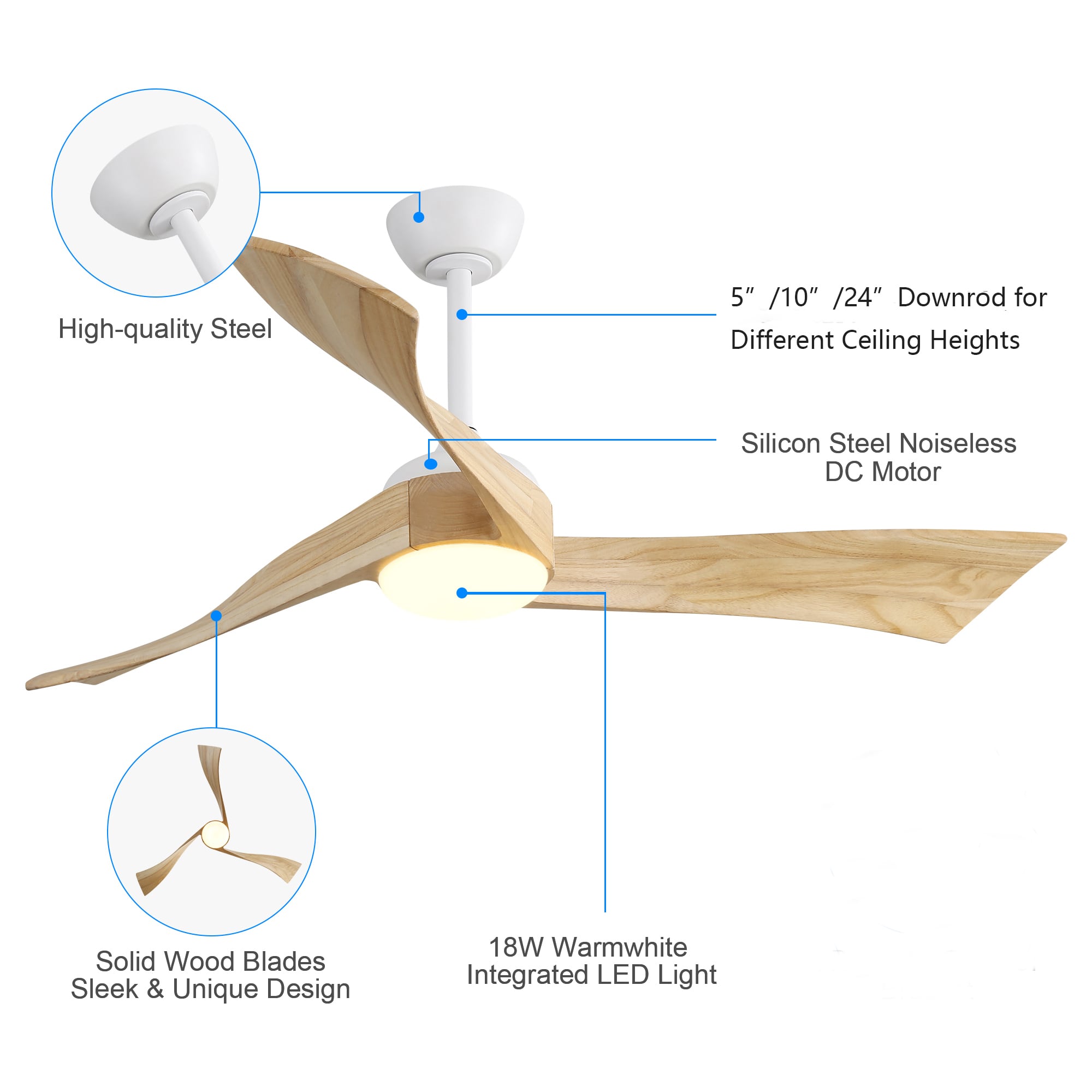 JUSHUA 52-in Minimalist Ceiling Fan with Light 6 Speed Remote Control ...