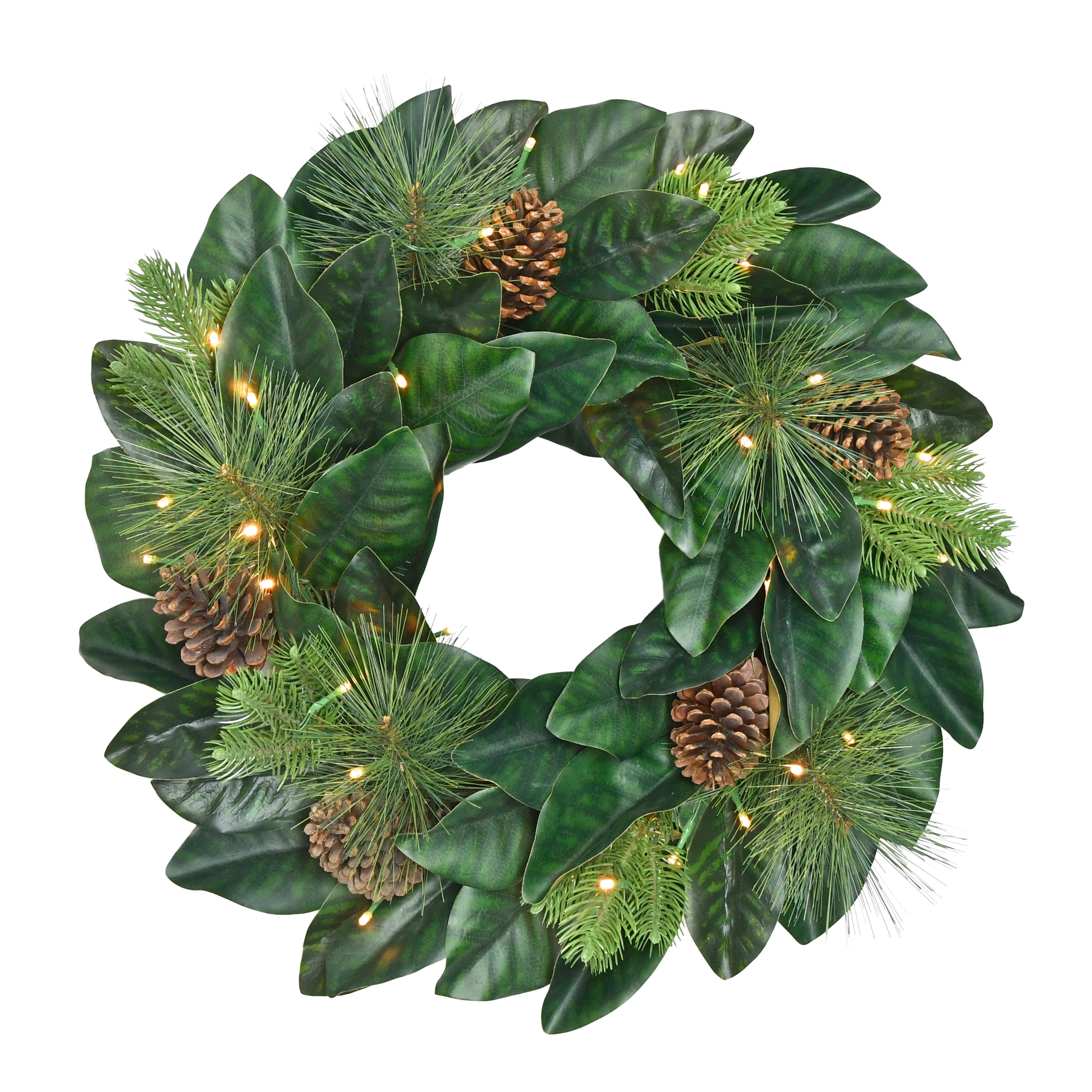 Puleo International 3819A-W24LW05-BO 20-in Pre-lit Indoor/Outdoor Battery-operated Green Magnolia Artificial Christmas Wreath