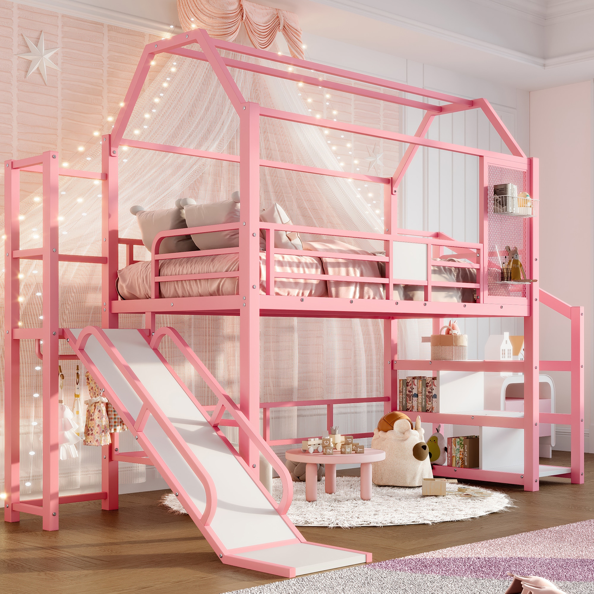 LOVMOR Twin House Loft bed with Slide and Stairs Metal Playhouse Bed with  Storage Shelves House shaped Roof and Noise free Design Pink in the Bunk  Beds department at Lowes.com, image size:900x900
