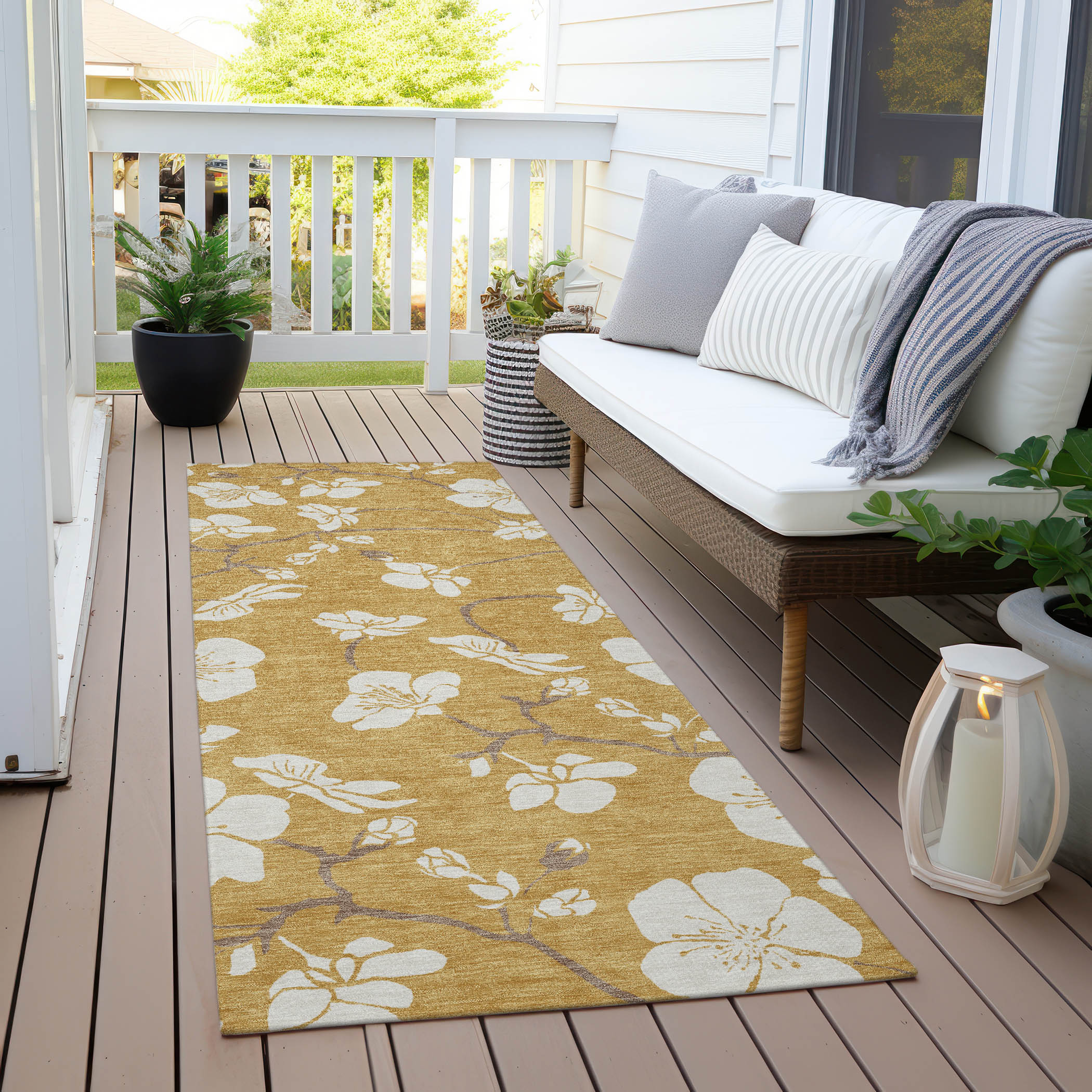 Gold and White Floral Synthetic Washable Runner Rug 2'3" x 7'6"