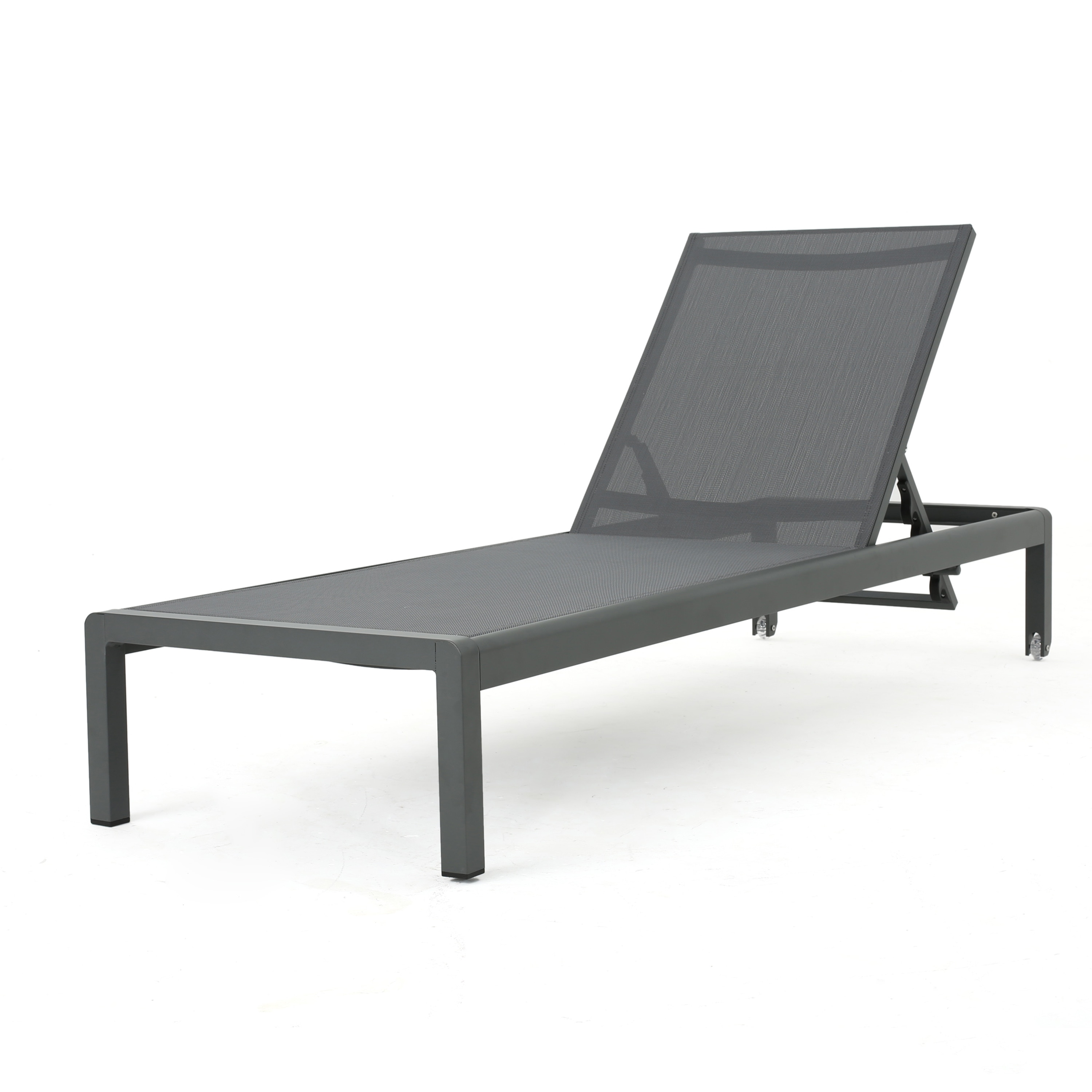 Gray Aluminum Outdoor Chaise Lounge with Dark Mesh Seat, Set of 2