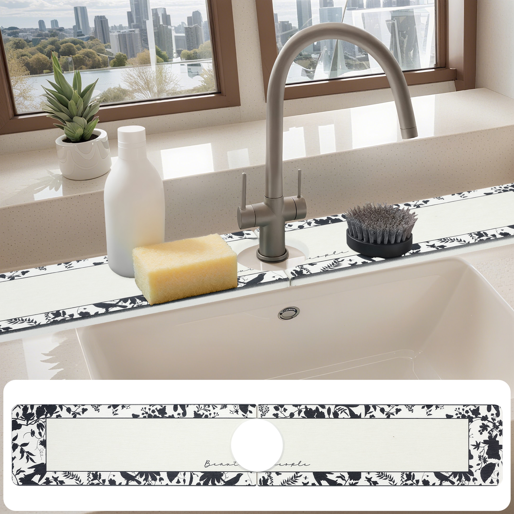 Unique Bargains Faucet Mat for Kitchen Sink Splash Guard Kitchen Sink Mat  Floral Kitchen Sink Splash Guard Faucet Mat 23.6x3.9 Inch Beige