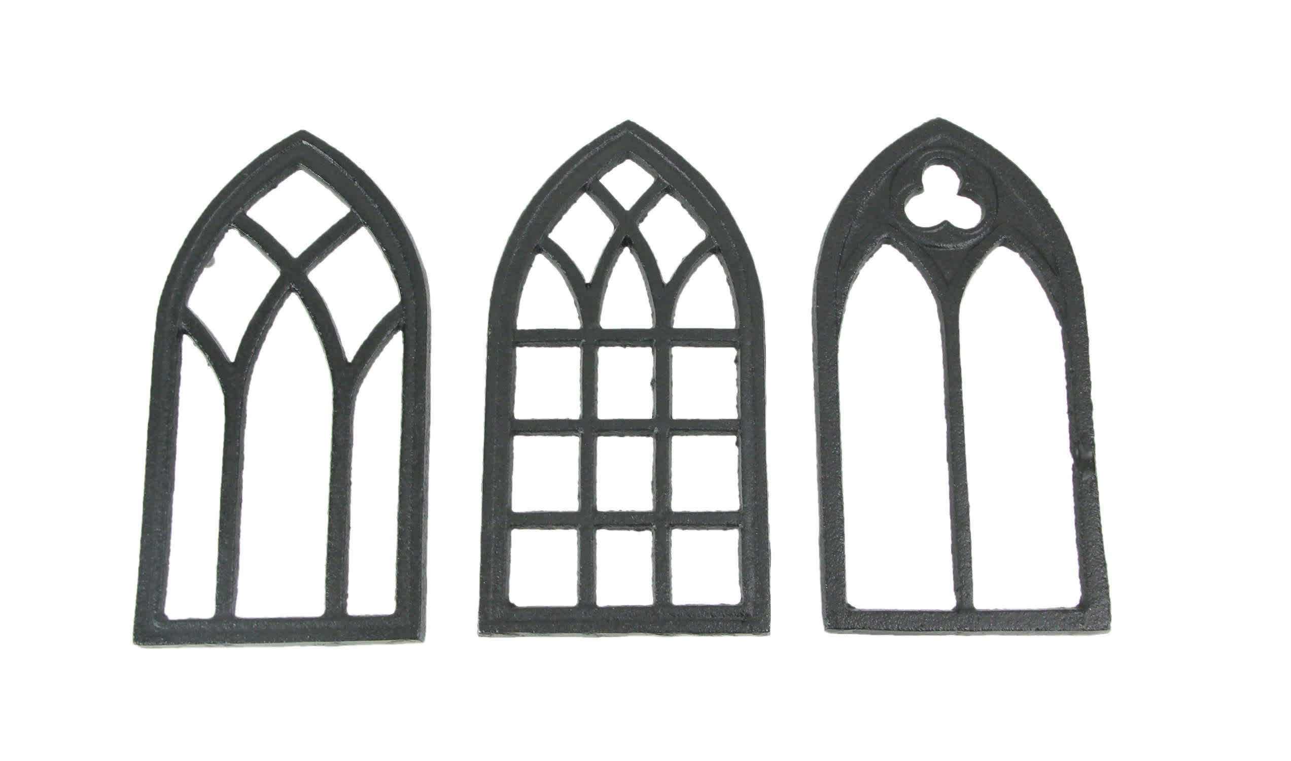 Zeckos ZKO-99076 Set of 3 Black Cast Iron Gothic Cathedral Window Frame Design Hot Plate Trivets - Versatile 8-Inch Kitchen Table Accessories and Decorative Wall Hangings