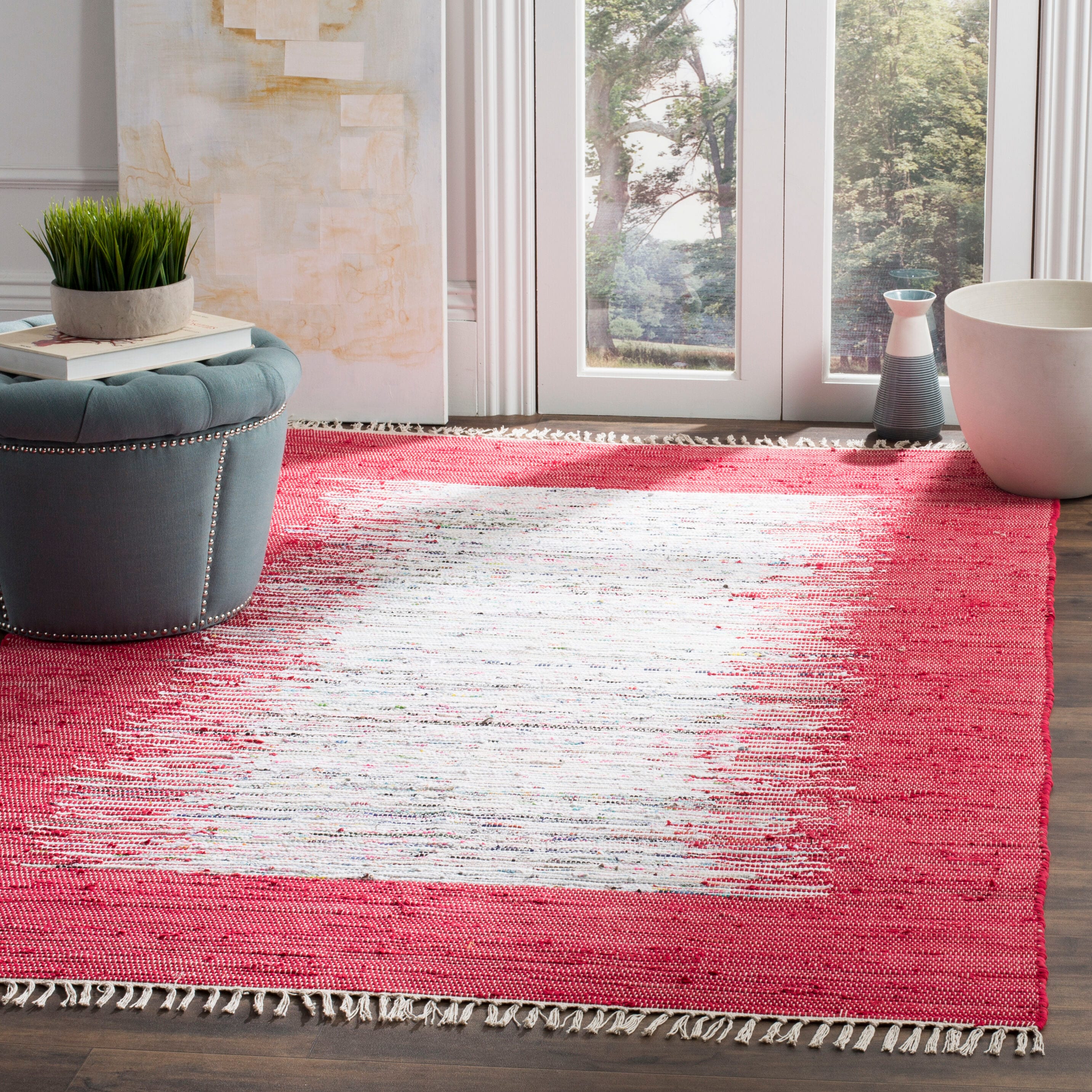Safavieh MTK711B-4SQ Montauk Keeling 4 x 4 (ft) Cotton Ivory/Red Square Indoor Border Coastal Area rug