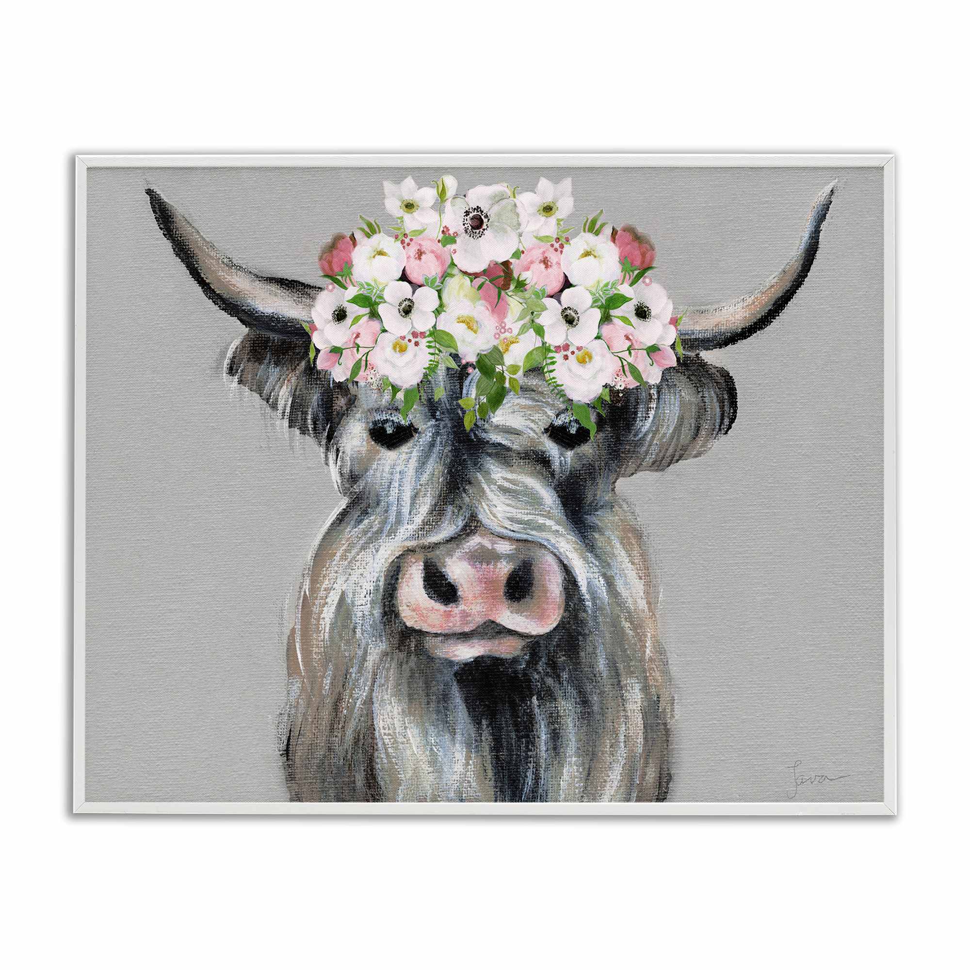 Stupell Industries BS-212-WFR-16X20 Shabby Chic Cattle with Garland White Framed Giclee Art By Janet Tava 20 x 16