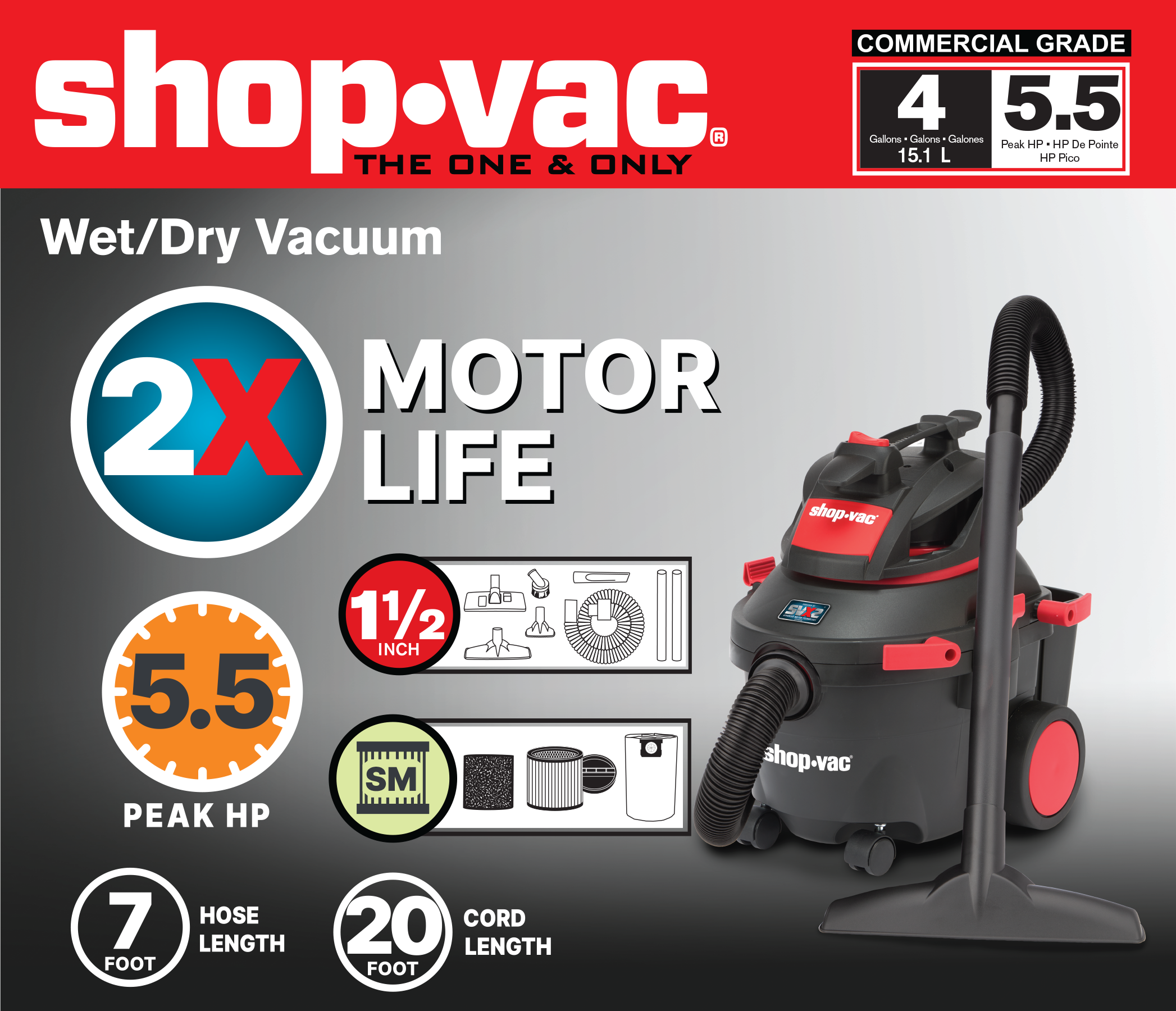 Shop-Vac 4 Gallon 5.5 HP SVX2 Wet Dry Vacuum ESLSQ550