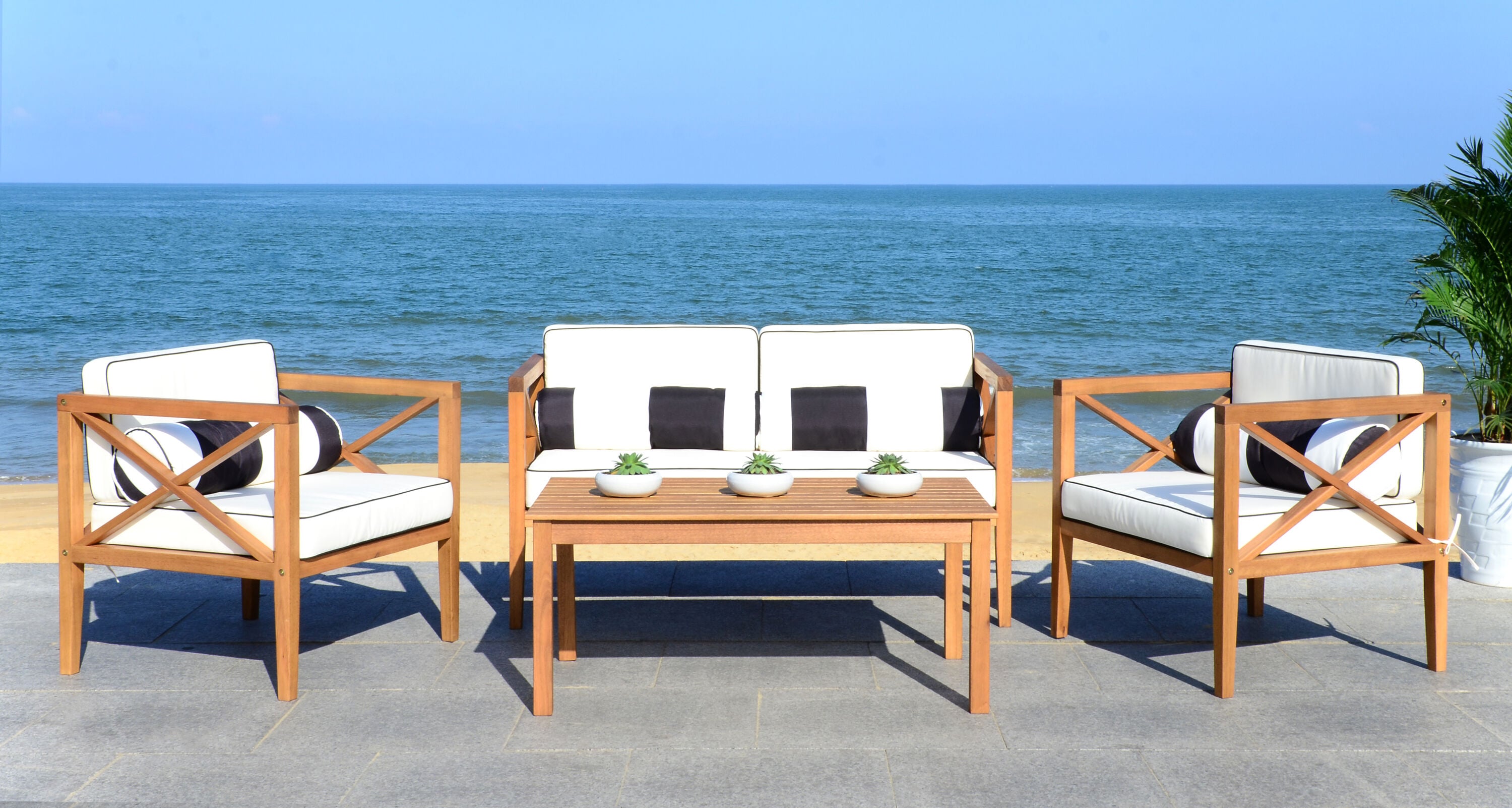 Nunzio Natural Teak Wood 4-Piece Outdoor Set with White Cushions