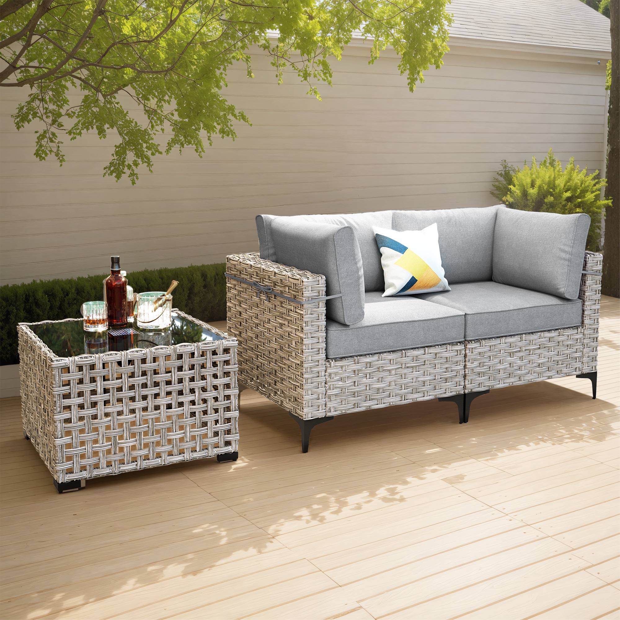 Pouuin SKT203 3-Piece Wicker Patio Conversation Set with Gray Cushions