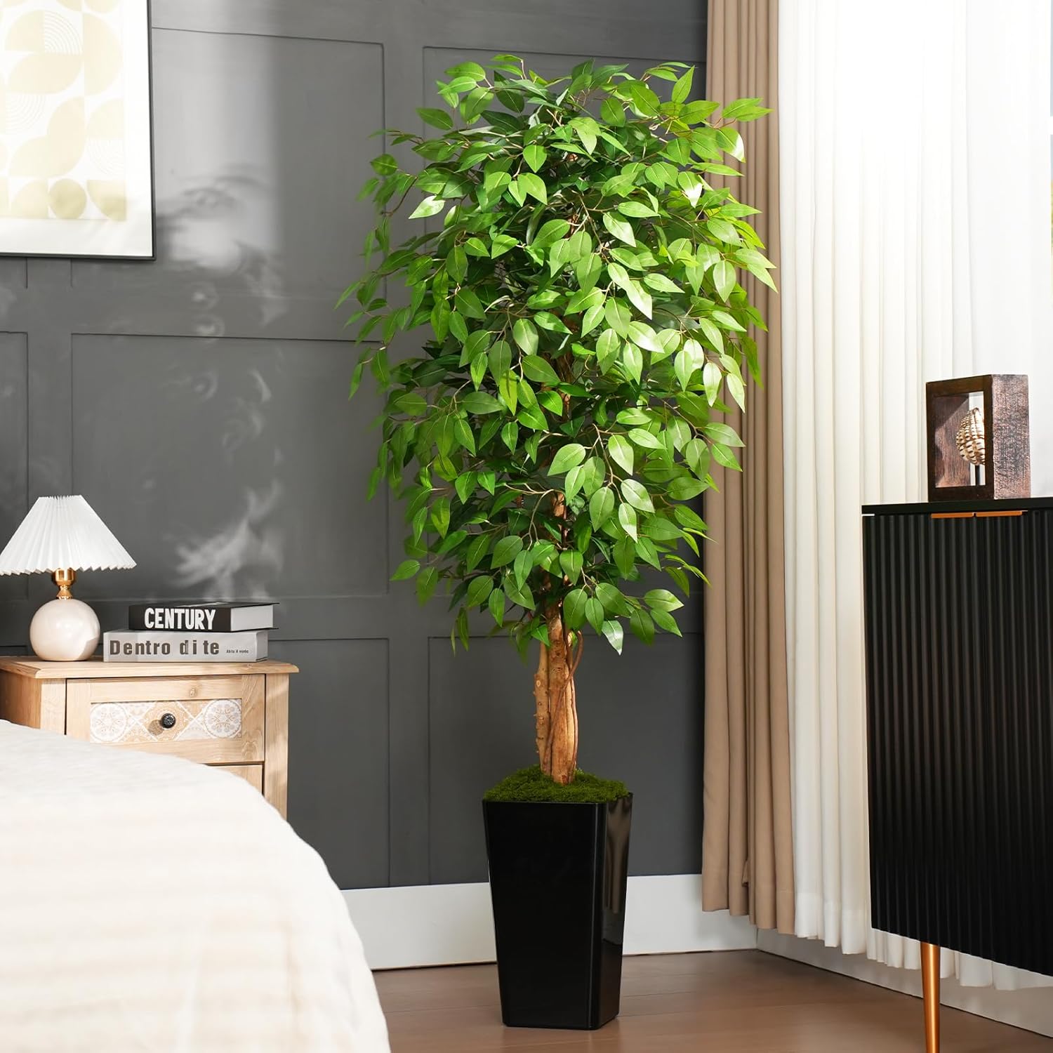 Kazeila KAZEILA-B14 6ft Artificial Ficus Tree Fake Plant with Black Planter and Natural Trunks for Indoor Home Decor