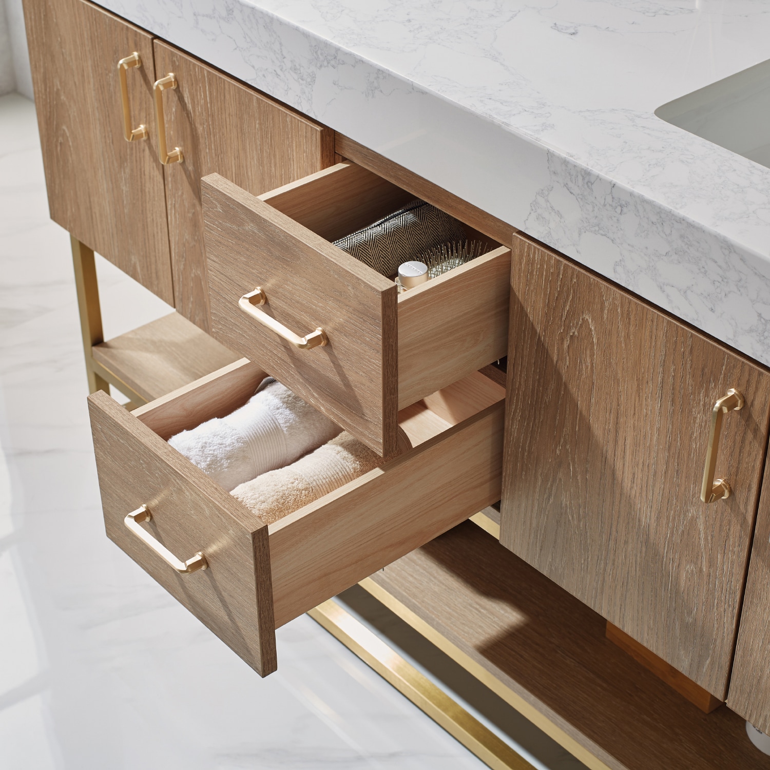 Alistair 60" Oak Double Vanity with White Stone Top and Brushed Gold Trim