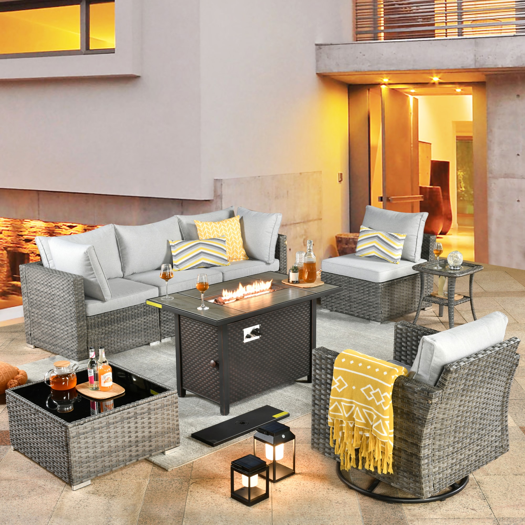 XIZZI XIHOPS4054-RC1IFP Sunrise 8-Piece Rattan Patio Sofa Conversation Set with Gray Cushions