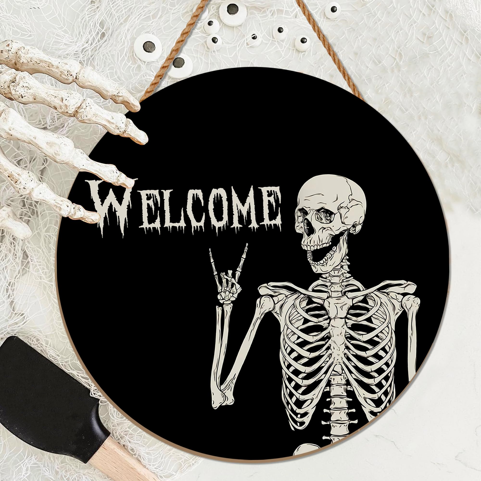 KIWDZFU  Halloween Skull Wooden Door Sign Rustic Front Door Porch Wall Decoration for Indoor Outdoor Use durable home and