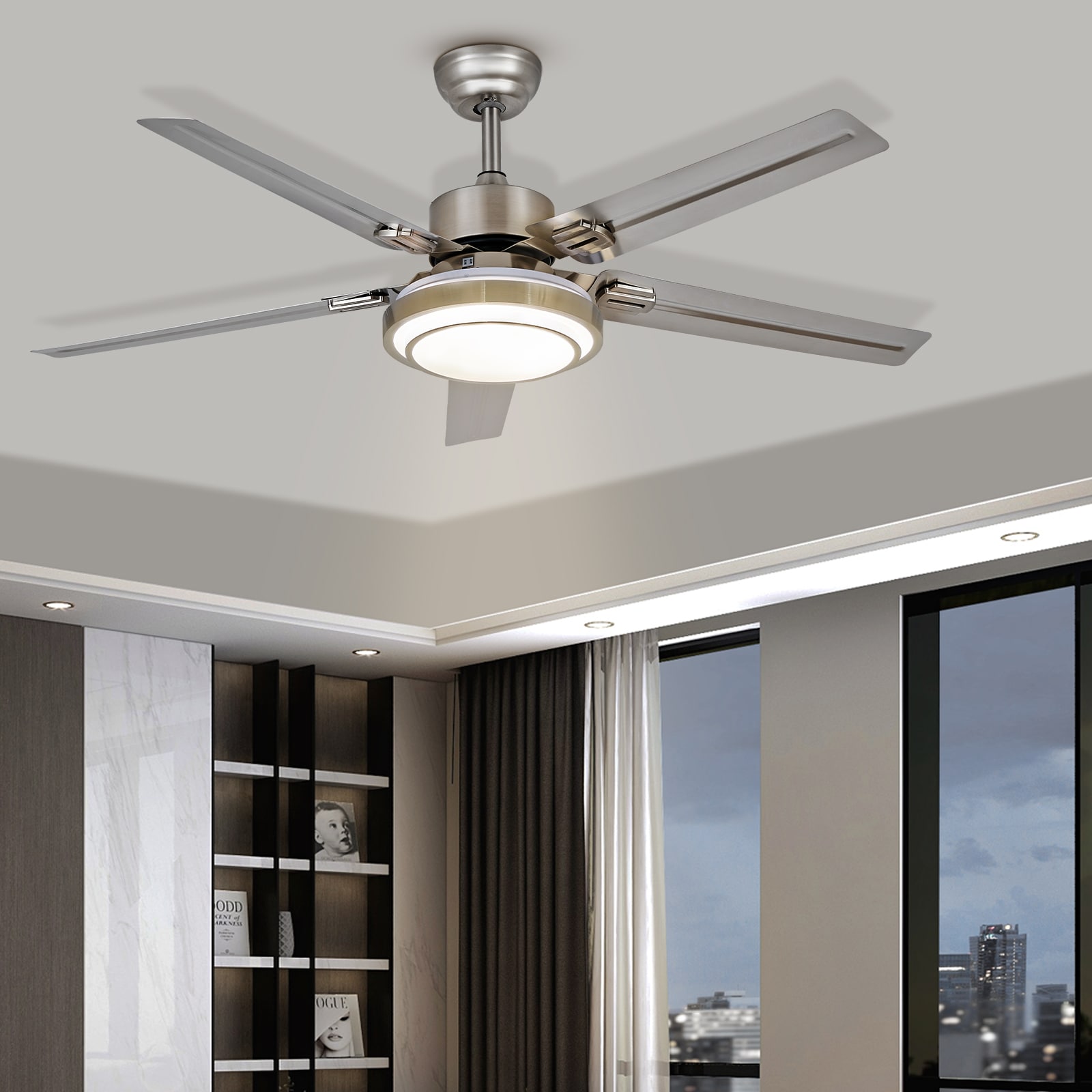 52in. Ceiling 2024 Fan Light 5 Stainless Steel Blades LED Fan Lamp Remote Control