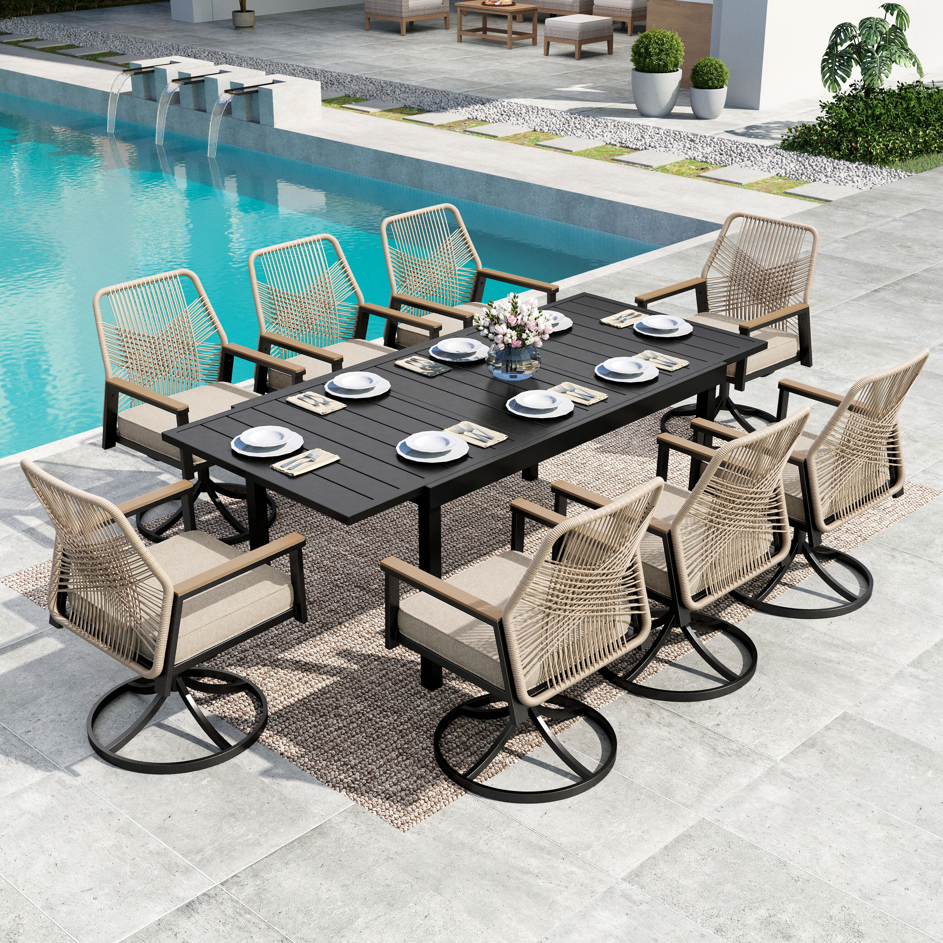 Sunshine Valley - Outdoor Table and Chairs 9 -Piece Black Wicker Patio Dining Set Extendable Tabl...