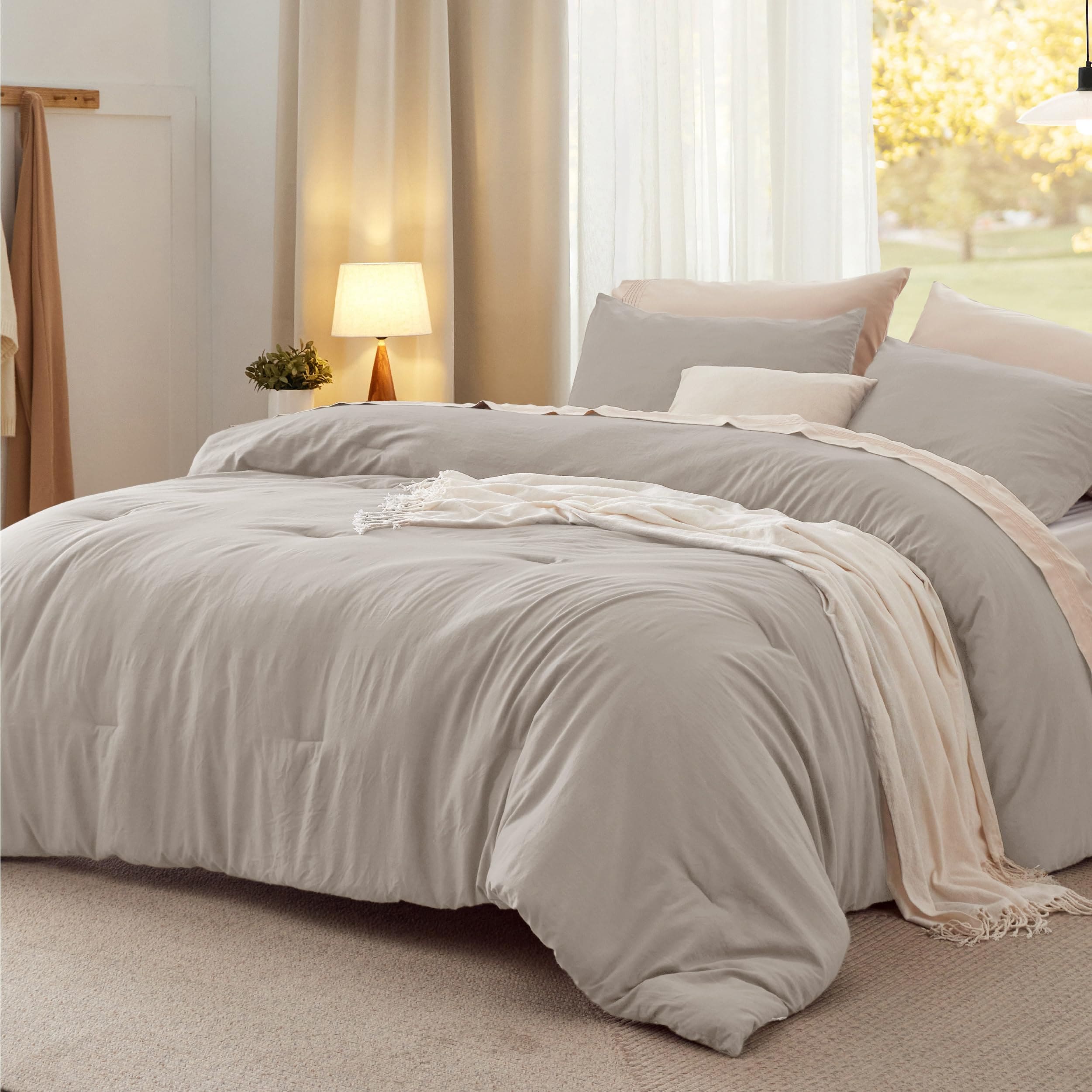 Bedsure 68x88 Twin 3-Piece Beige Cotton Comforter Set