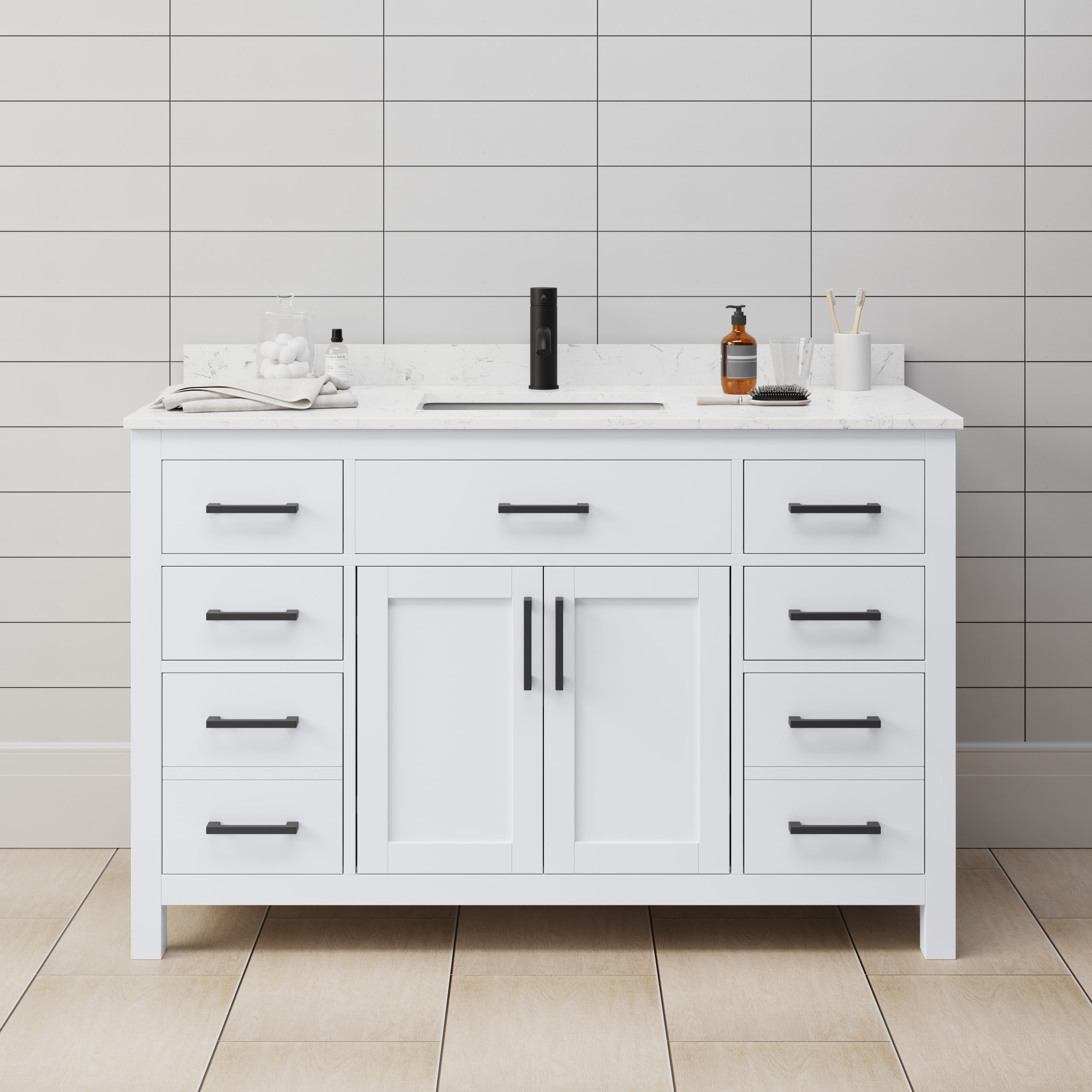 Wyndham Collection WCG242454SWBCCUNSMXX Beckett 54-in White with Matte Black Trim Undermount Single sink Bathroom Vanity with Carrara Cultured Marble Cultured marble Top