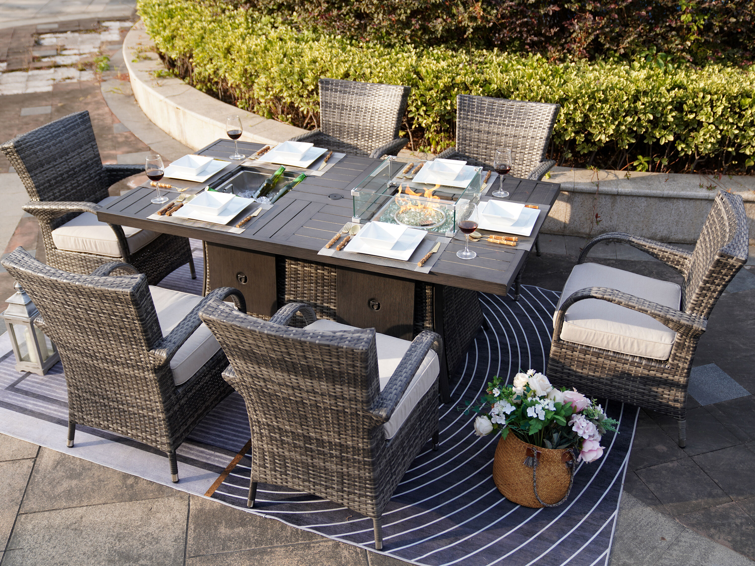 Moda Furnishings 1106FI-1122-G 4824612 7 -Piece Gray Wicker Patio Dining Set Aluminum Rectangle Table with 6 Gray Cushions Stationary Chairs Fire Pit Included