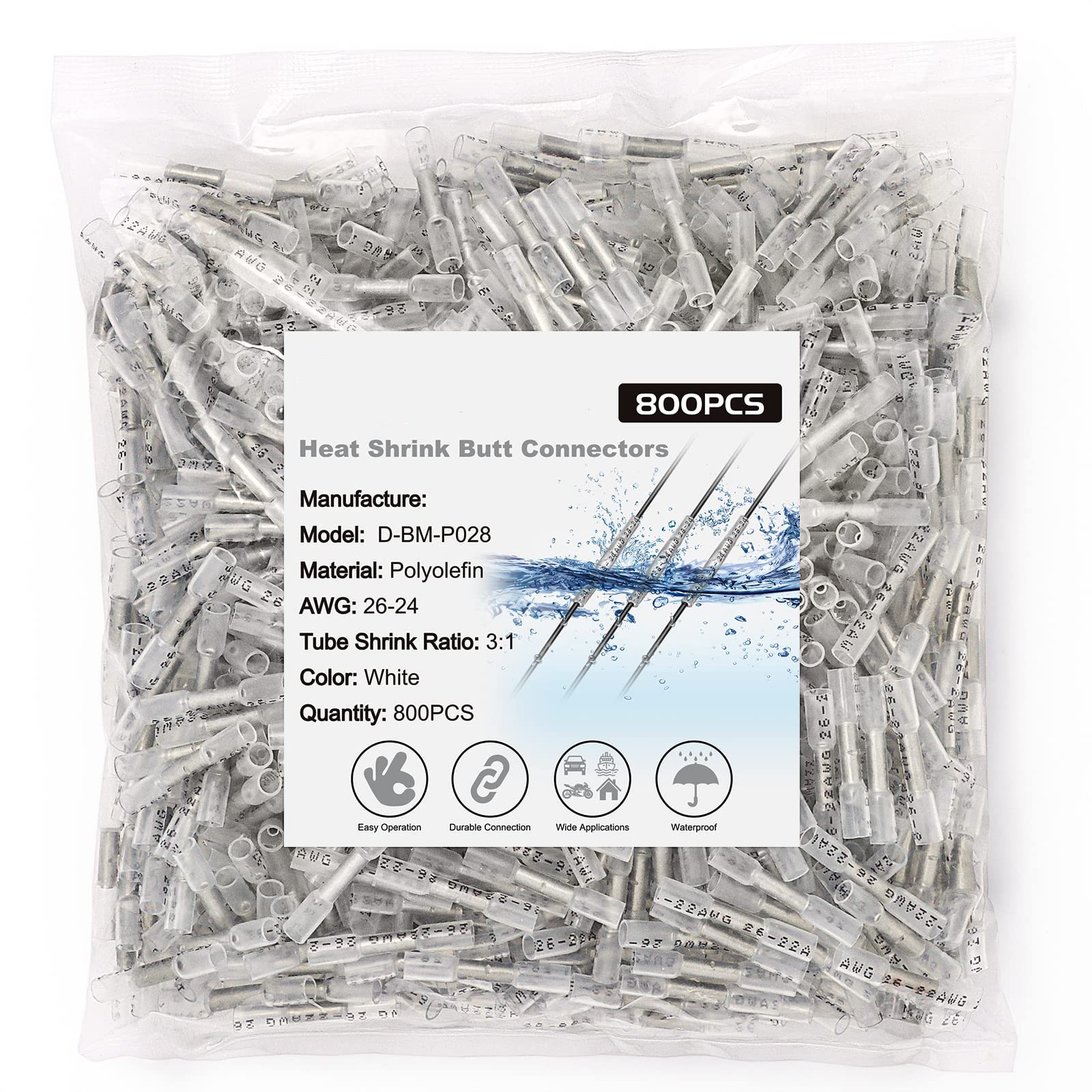 Etokfoks - 800 Count Heat Shrink Butt Connectors Tinned Copper Core Waterproof Flame Retardant I...