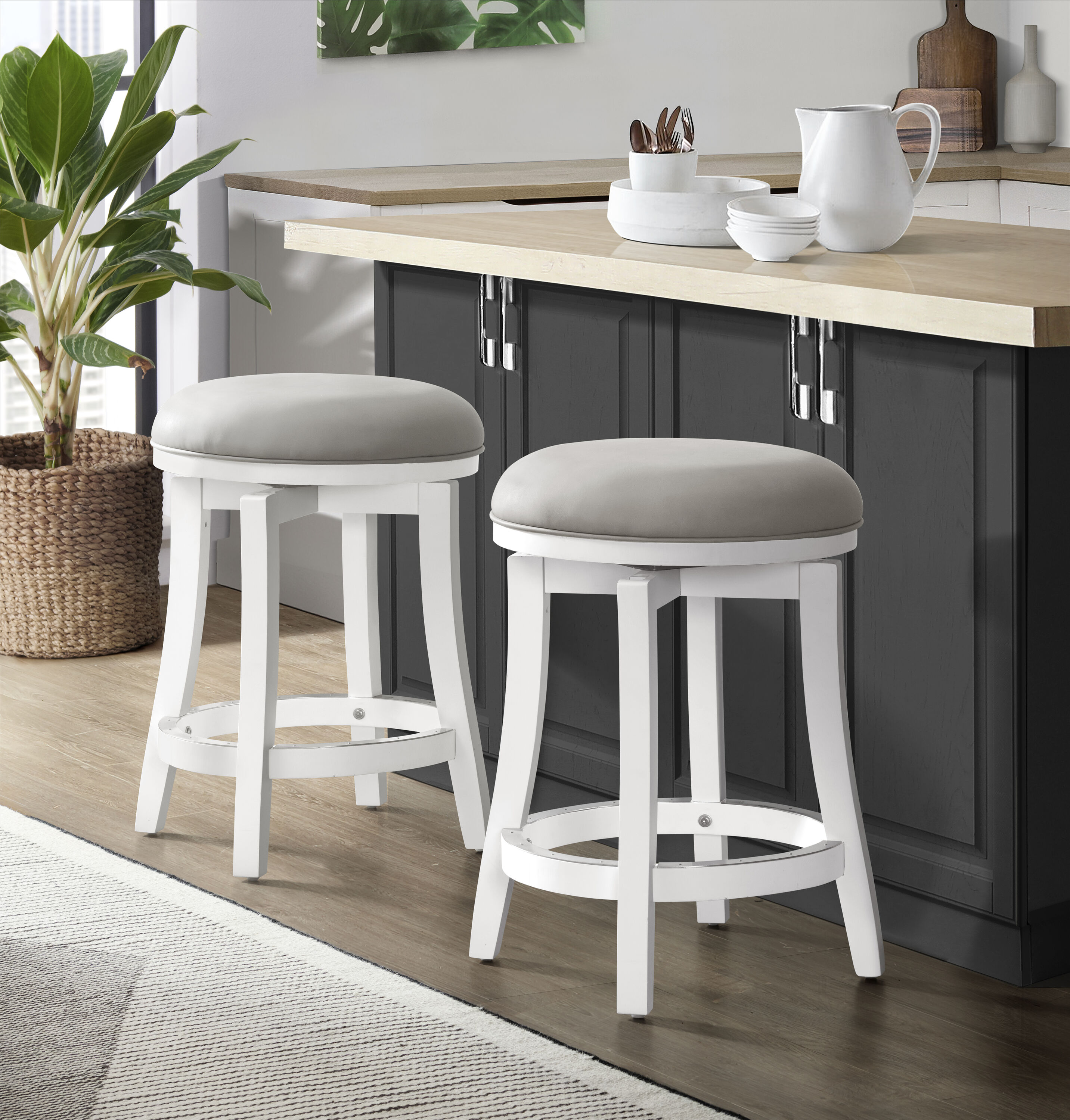 White Swivel Backless Wood and Leather Counter Stools, Set of 2