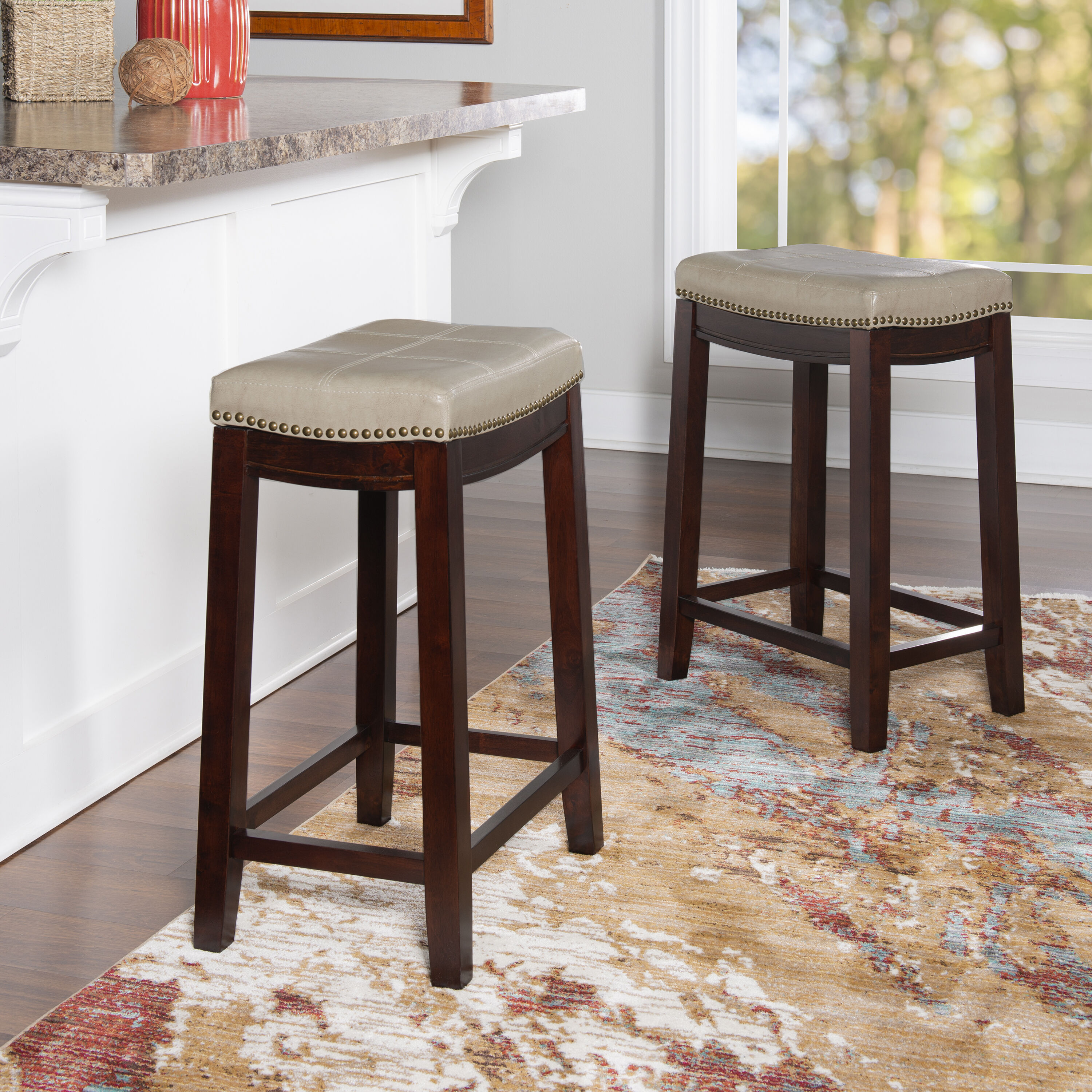 Linon LOWES1927 2 -Set Wenge 26.5-in H Counter height Saddle seat Upholstered Wood Bar Stool