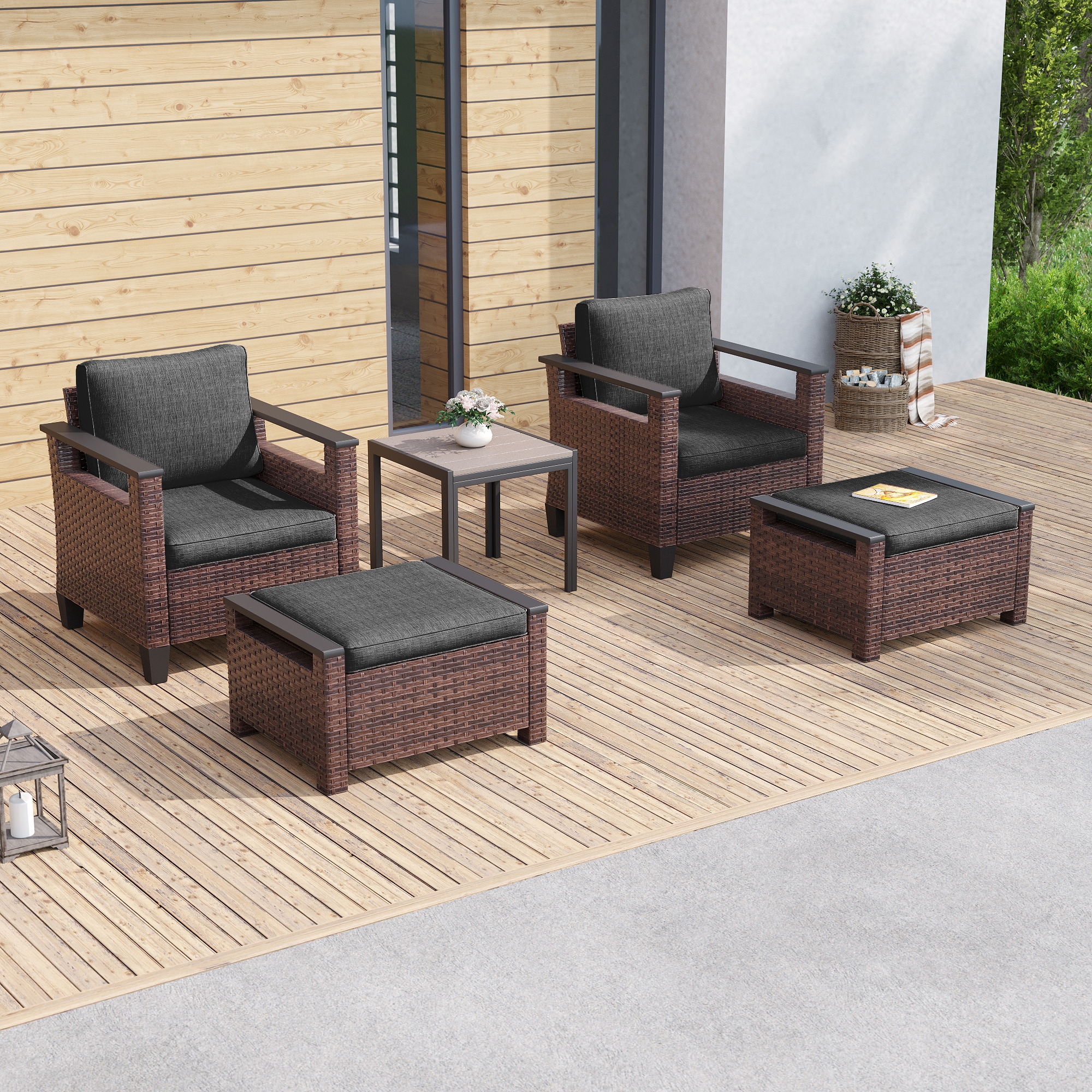 Sonkuki SD-015NY-H 5 -Piece Rattan Patio Conversation Set with Black Cushions