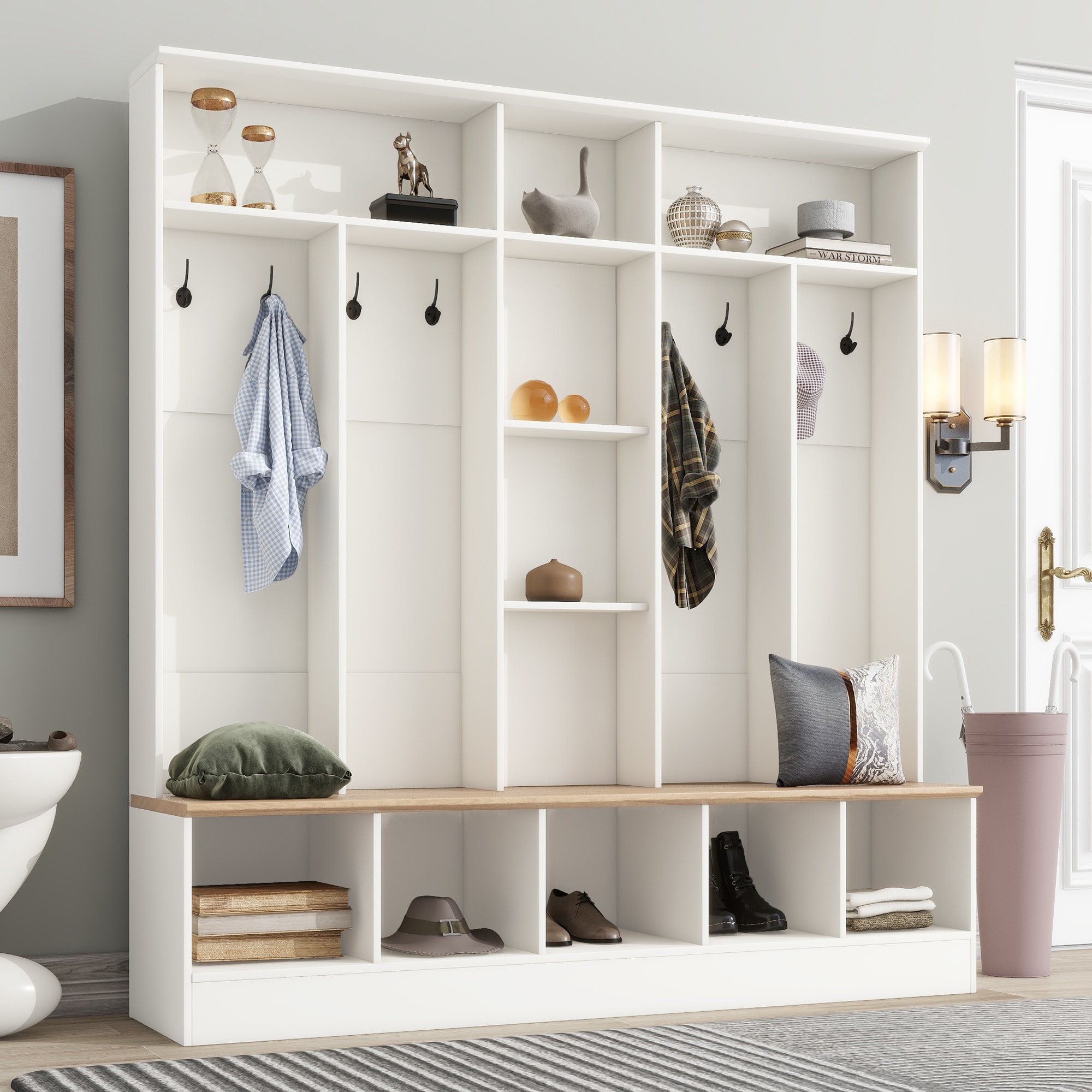 ModernLuxe SD000021AAK Wide Design Hall Tree with Storage BenchMinimalist Shoe Cabinet with Cube Storage and ShelvesMultifunctional Coat Rack with 8 Hooks for EntrywaysMudroomWhite