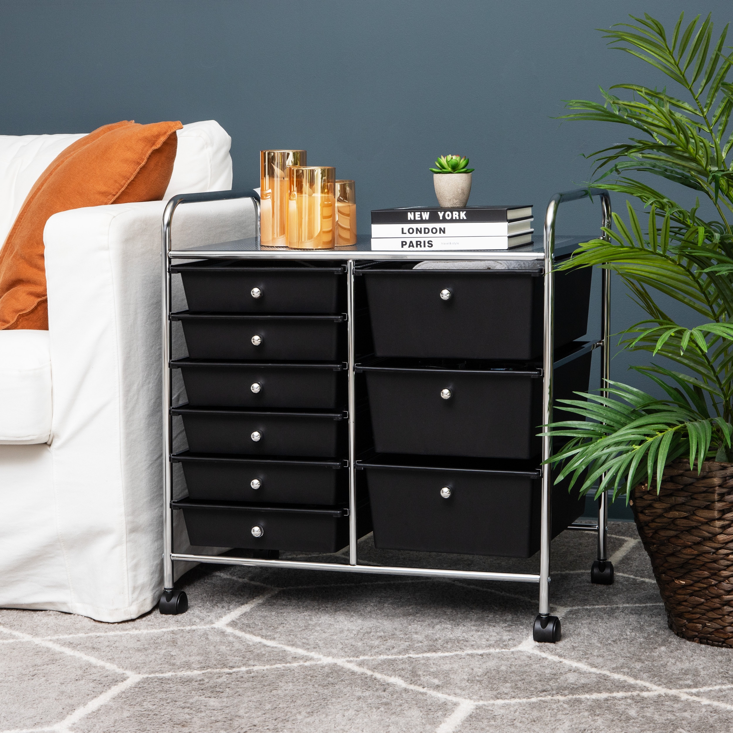 Black and Silver 9-Drawer Rolling Utility Cart with Metal Frame