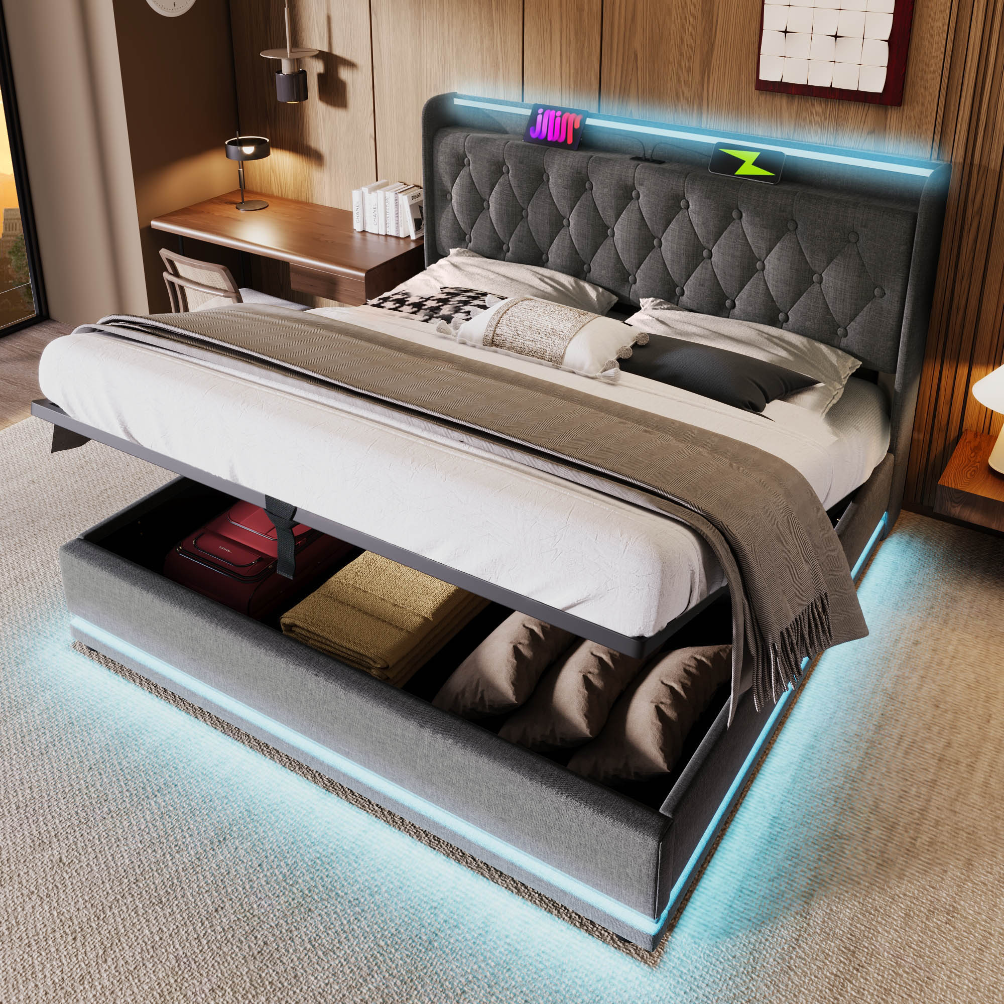 SINOFURN SYC470014GY Gray King Upholstered Bed frame Bed with Storage