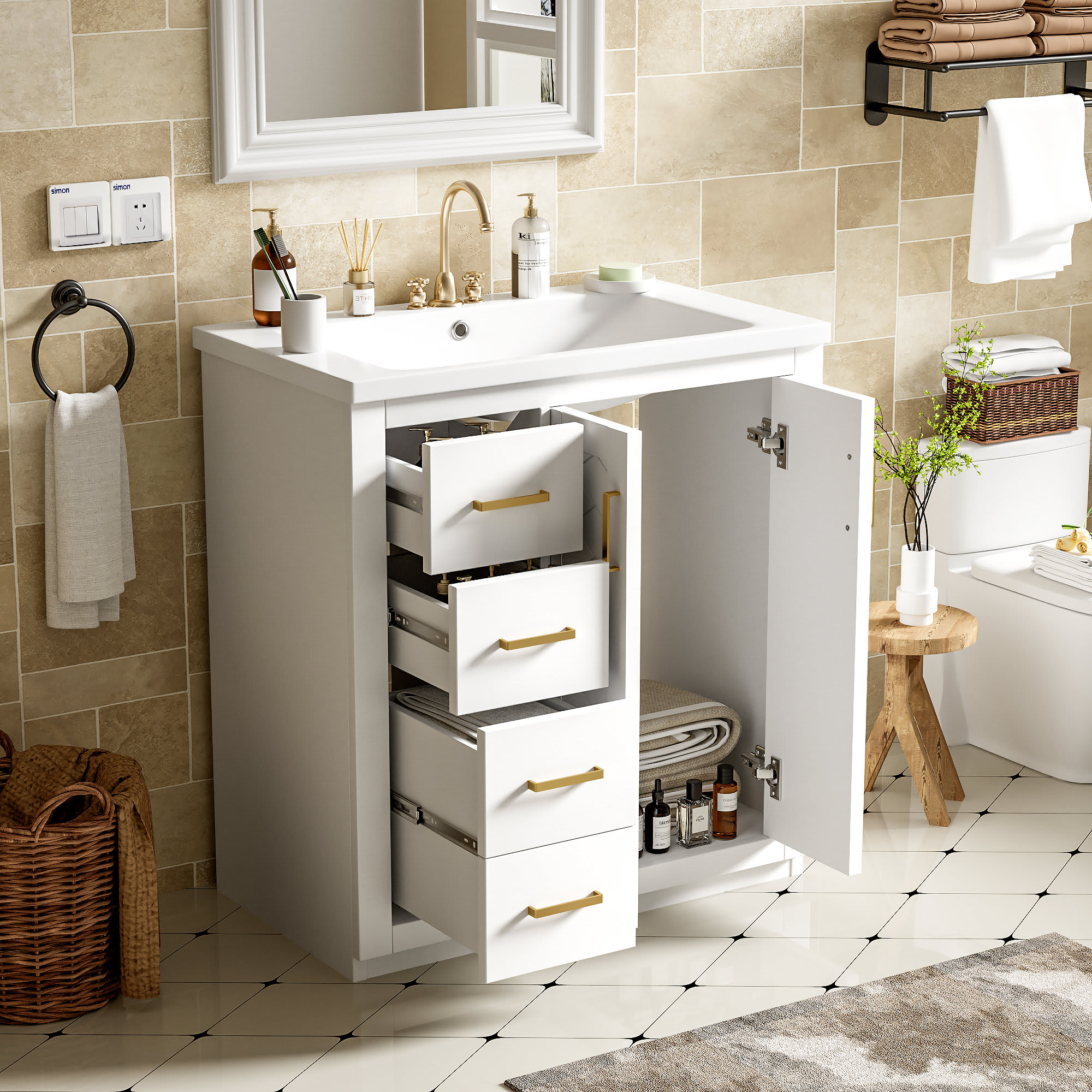 Etokfoks 30 inch Bathroom Vanity with Ceramic Sink Combo Solid Wood Frame Freestanding Cabinet 3 Drawers 2 Soft Close Doors White