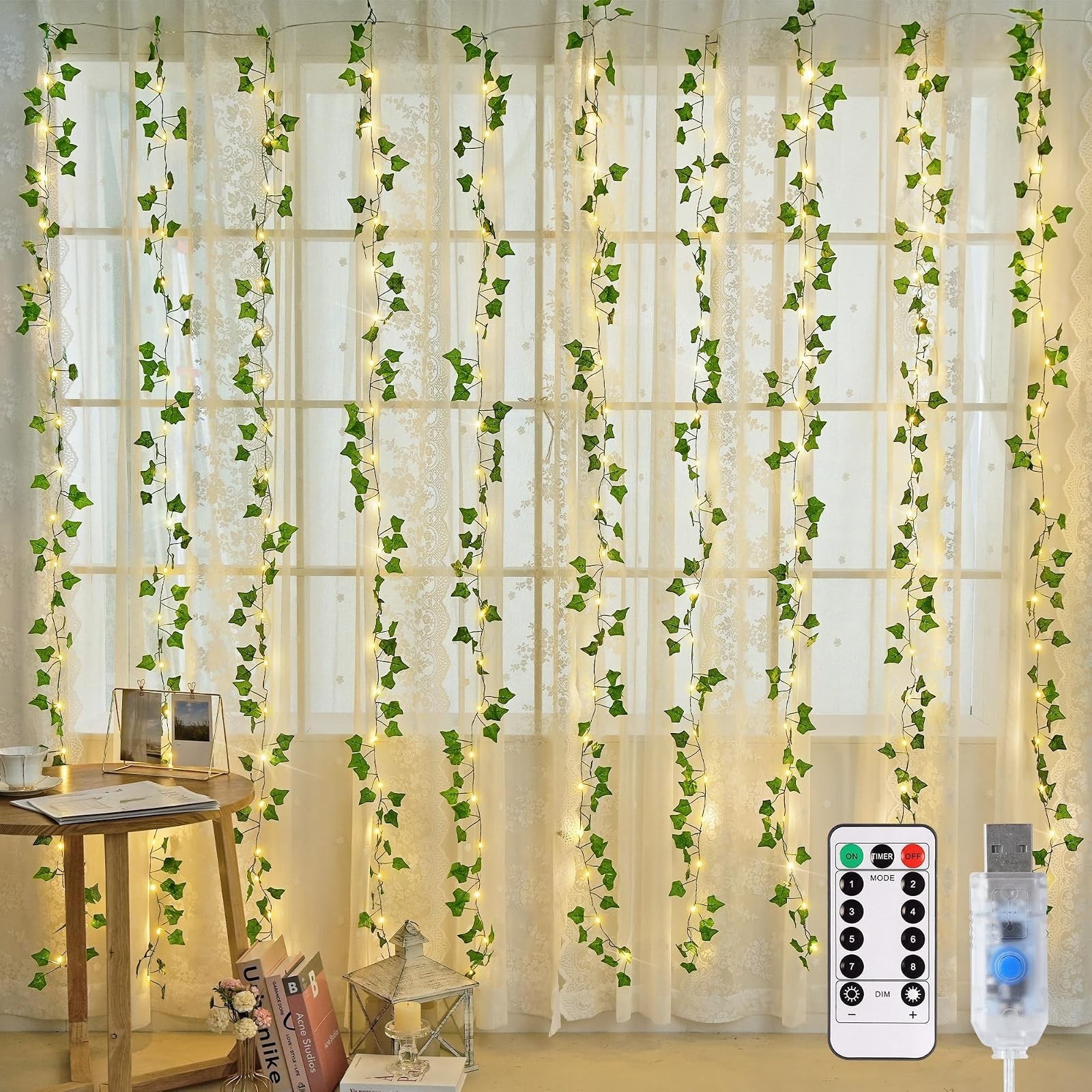 Pacrigo  200 LED Vine Curtain Lights with Remote for Bedroom Wall Decor 6.5ft x 6.5ft Warm White