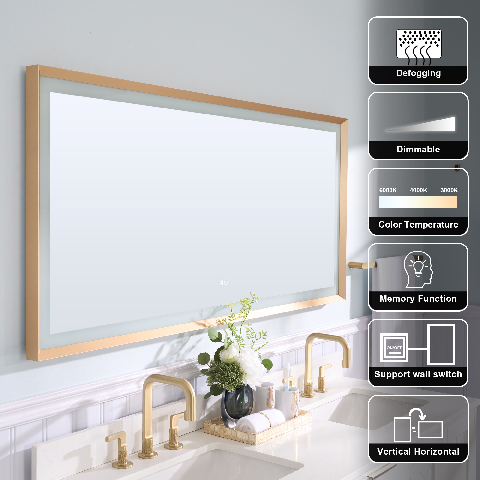 WELLFOR Luky 60 in x 28 in Framed Rectangle Dimmable Lighted Fog Free Bathroom Vanity Mirror Brushed Gold W6FM6028BG at Lowes
