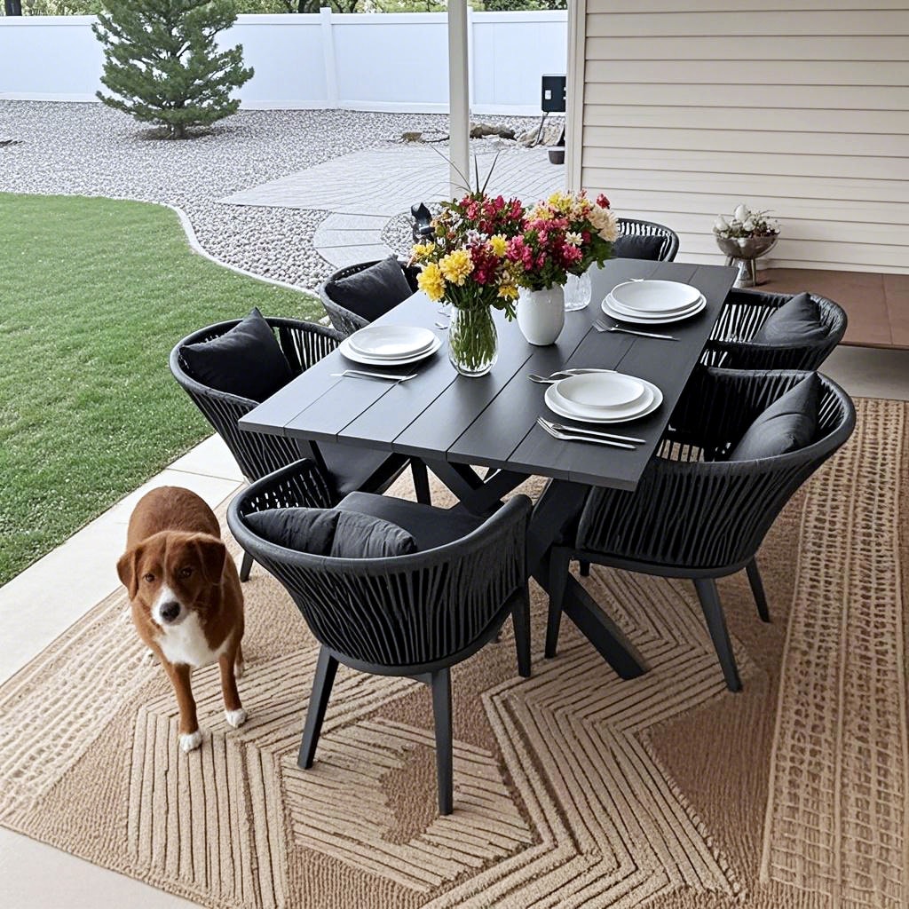 PURPLE LEAF LS04-DSH07-AW-160 7 -Piece 7 pieces-Rectangle Wicker Patio Dining Set Aluminum Rectangle Table with 6 Gray Cushions Stationary Chairs