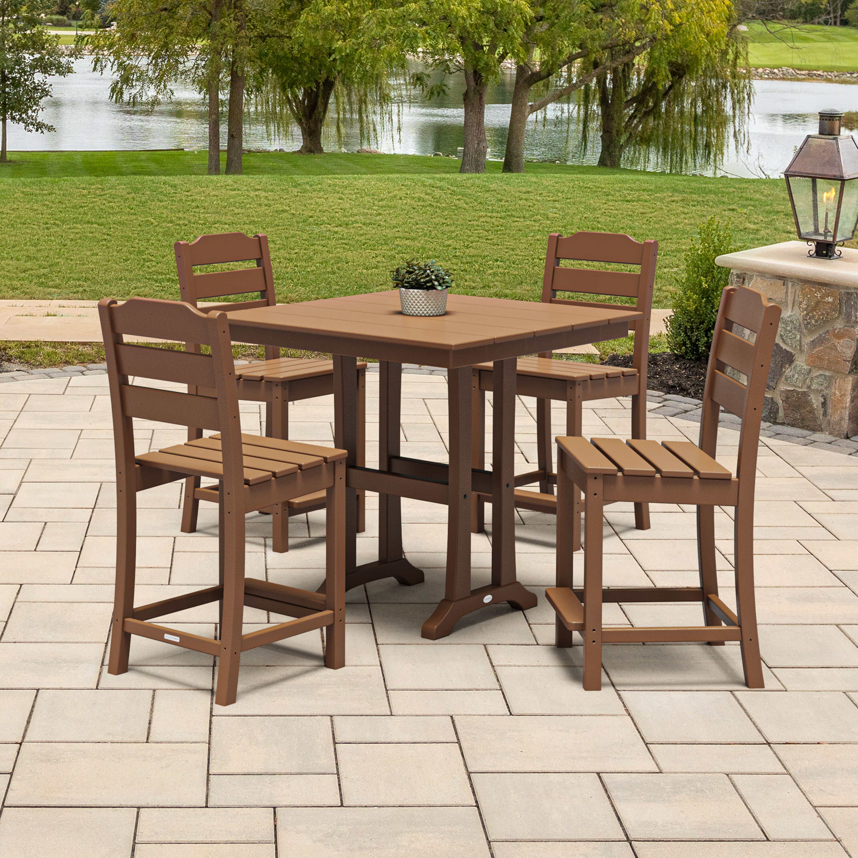 POLYWOOD PWS2535-1-TE Oakport 5 -Piece Teak Balcony Height Patio Dining Set Plastic Square Table with 4 Stationary Chairs
