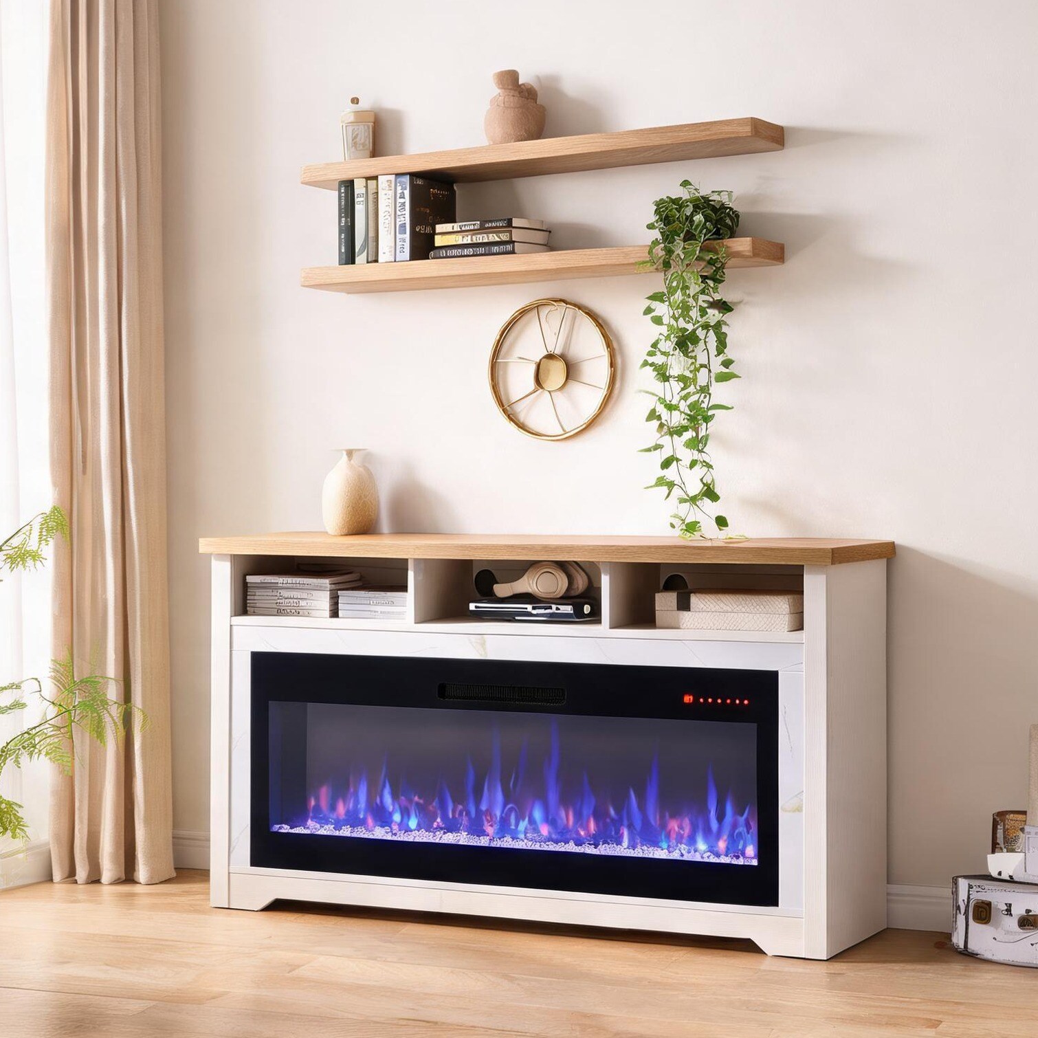Naturefalls Electric Fireplace TV Stand with 60-Inch Insert Soft White 70-Inch Wide Modern Storage Console