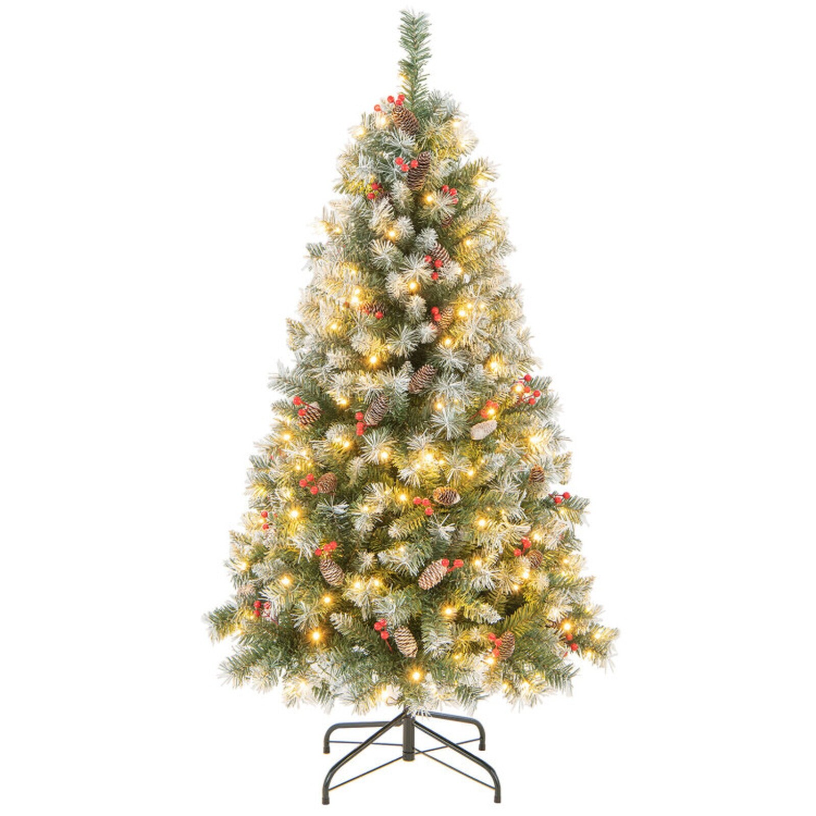 SUGIFT 5-ft Pre-Lit Snow Flocked Hinged Christmas Tree with 450 Tips 200 Warm White LEDs and Pine Cones