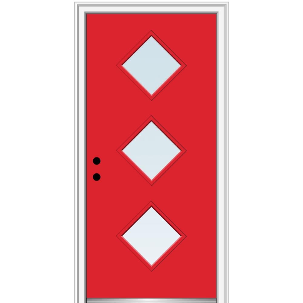 MMI DOOR ZZ346269R Spotlights 32-in x 80-in x 4-9/16-in Fiberglass Pulse lite Right-hand inswing Red Saffron Painted Prehung Front Door with Brickmould Insulating core